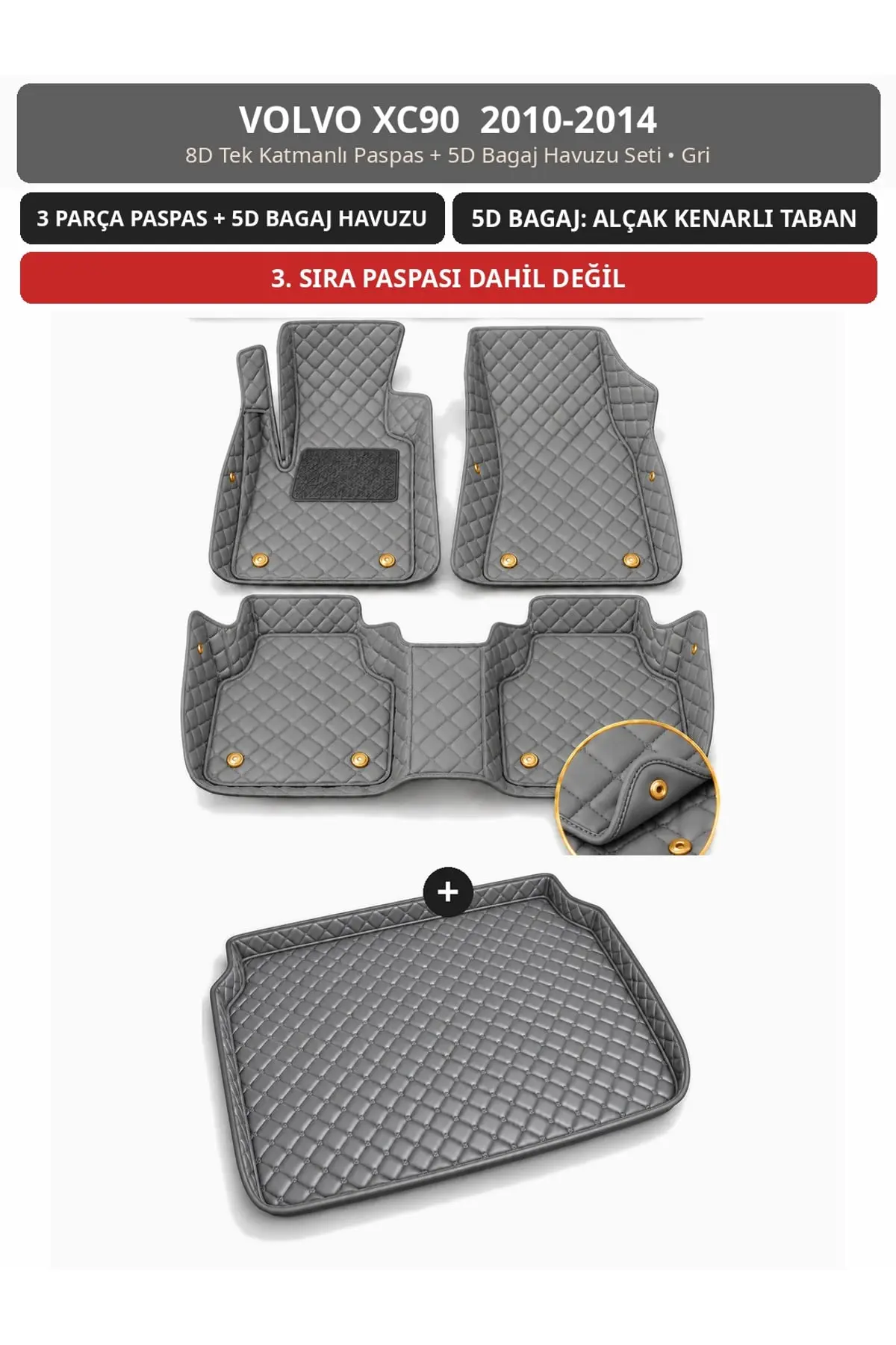 Volvo XC90 2010-2014 8D Tek Katmanlı Paspas + 5D Bagaj Havuzu Seti Gri (1)