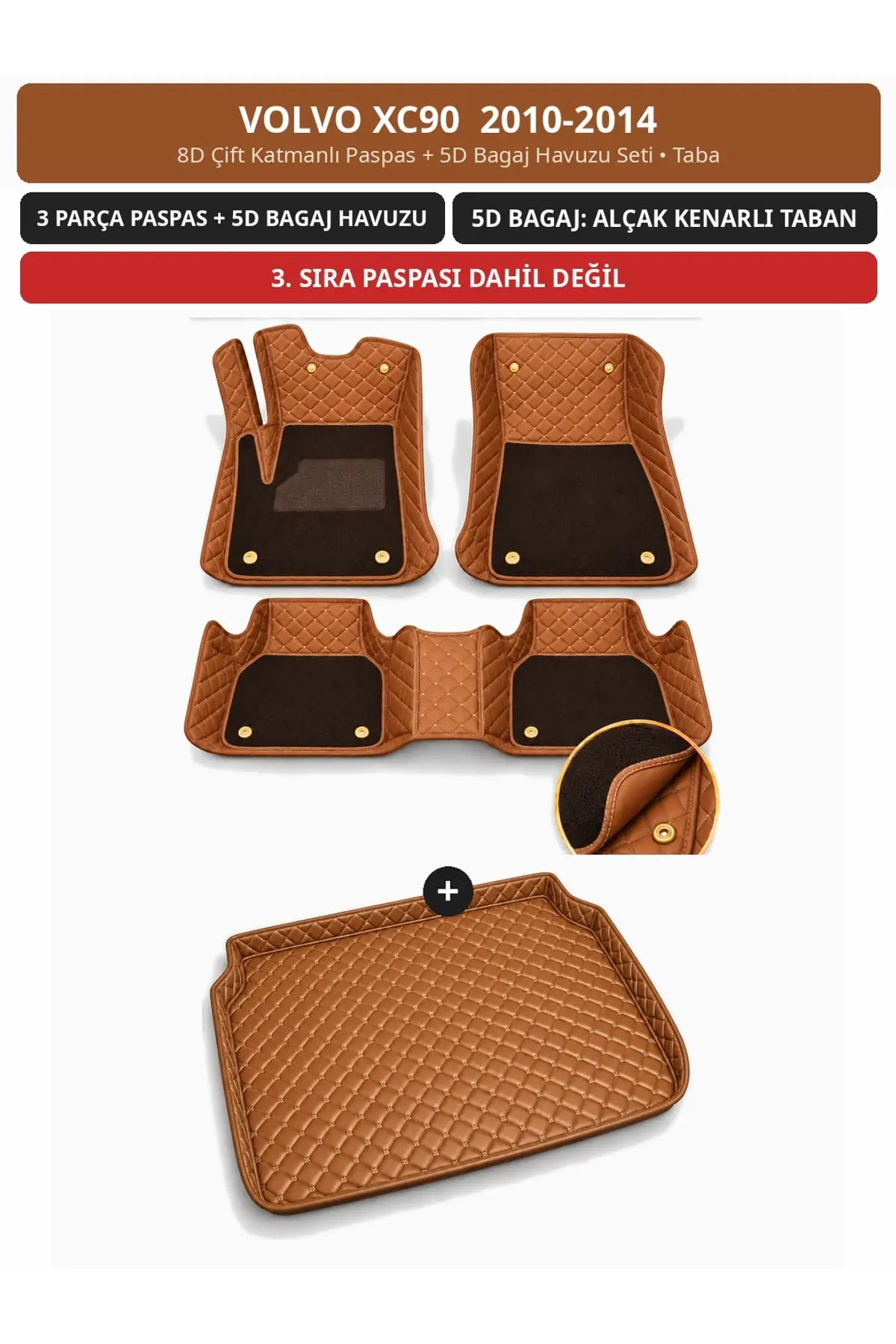 Volvo XC90 2010-2014 8D Çift Katmanlı Paspas + 5D Bagaj Havuzu Seti Taba (1)