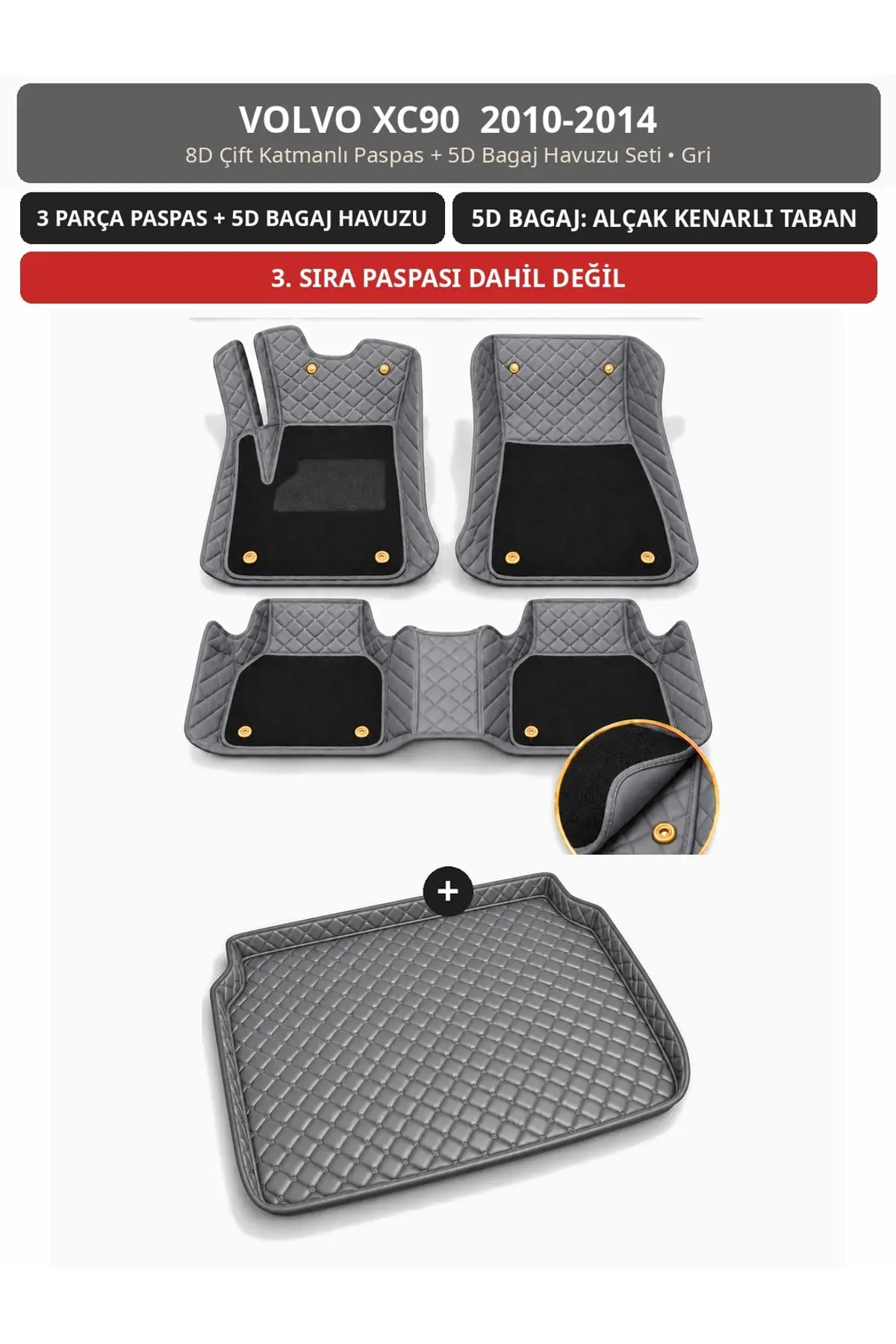 Volvo XC90 2010-2014 8D Çift Katmanlı Paspas + 5D Bagaj Havuzu Seti Gri (1)