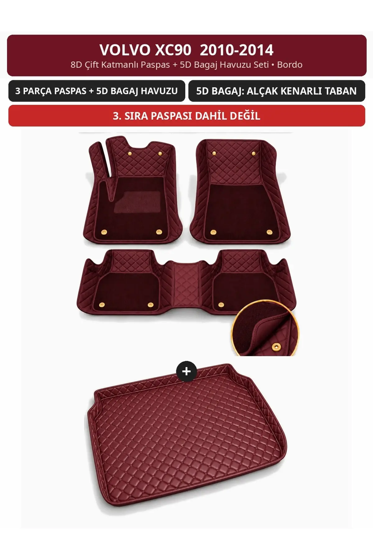 Volvo XC90 2010-2014 8D Çift Katmanlı Paspas + 5D Bagaj Havuzu Seti Bordo (1)
