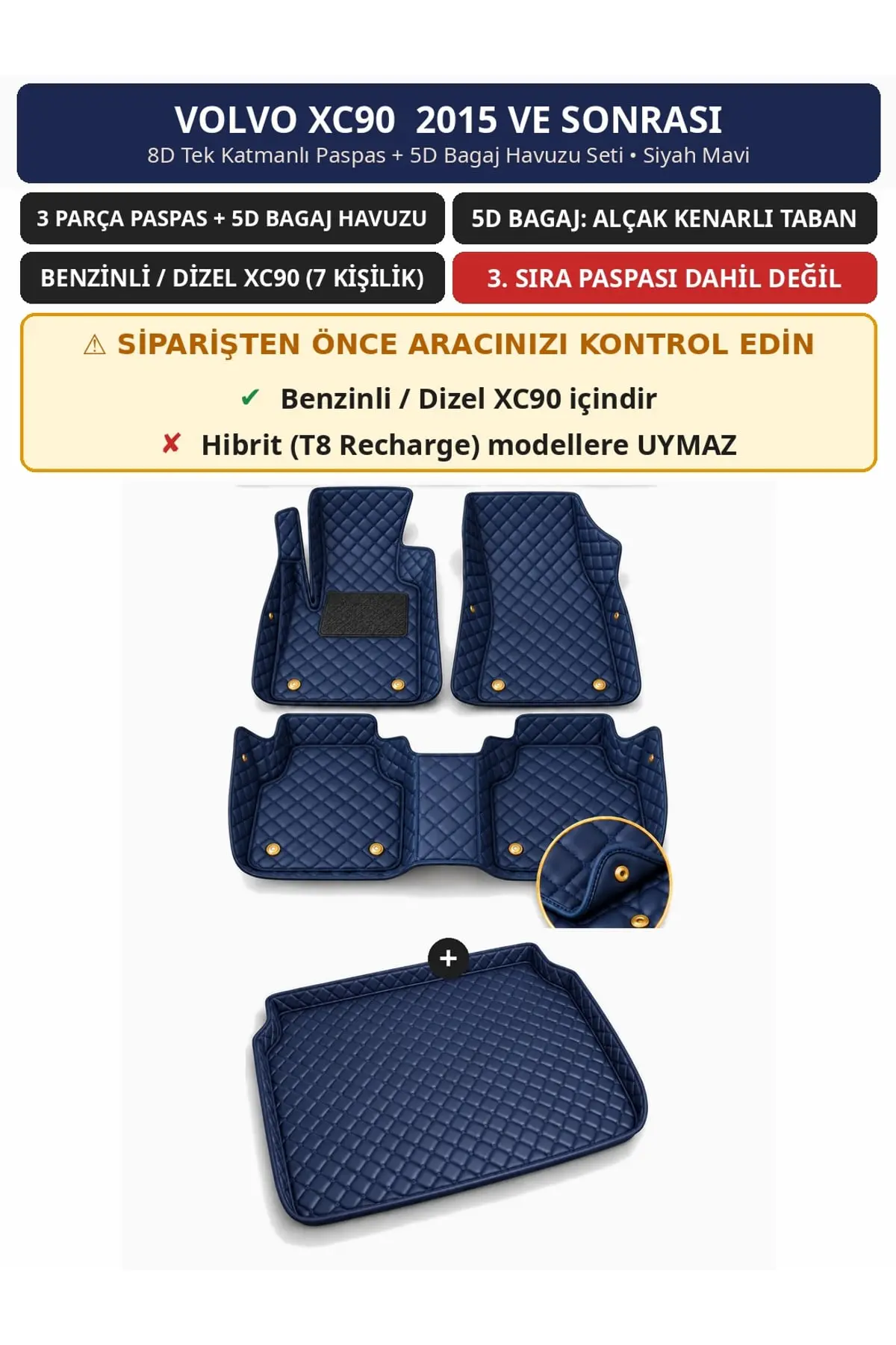 Volvo XC90 2015+ Benzinli/Dizel 8D Tek Katmanlı Paspas + 5D Bagaj Havuzu Seti Siyah Mavi (1)