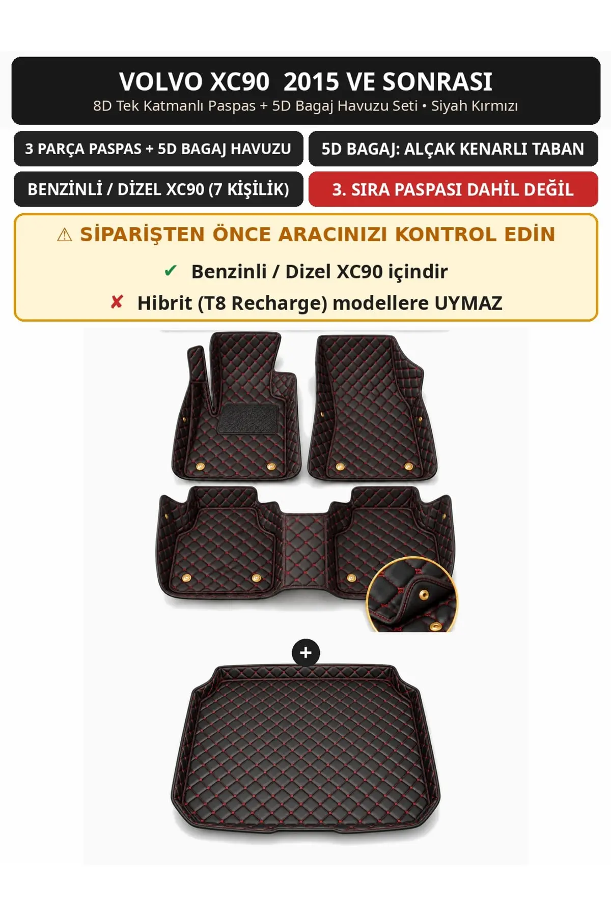 Volvo XC90 2015+ Benzinli/Dizel 8D Tek Katmanlı Paspas + 5D Bagaj Havuzu Seti Siyah Kırmızı (1)