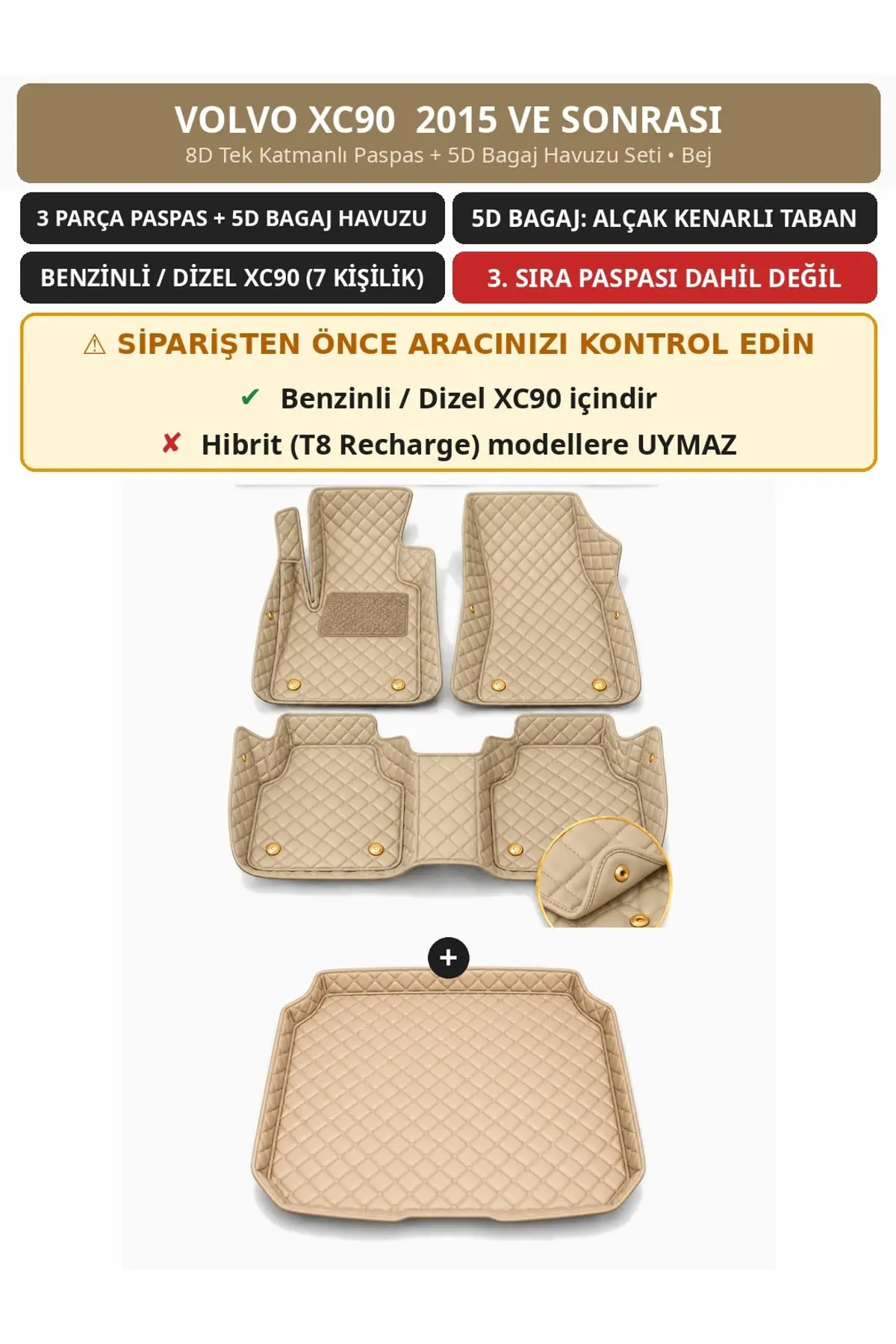 Volvo XC90 2015+ Benzinli/Dizel 8D Tek Katmanlı Paspas + 5D Bagaj Havuzu Seti Bej (1)