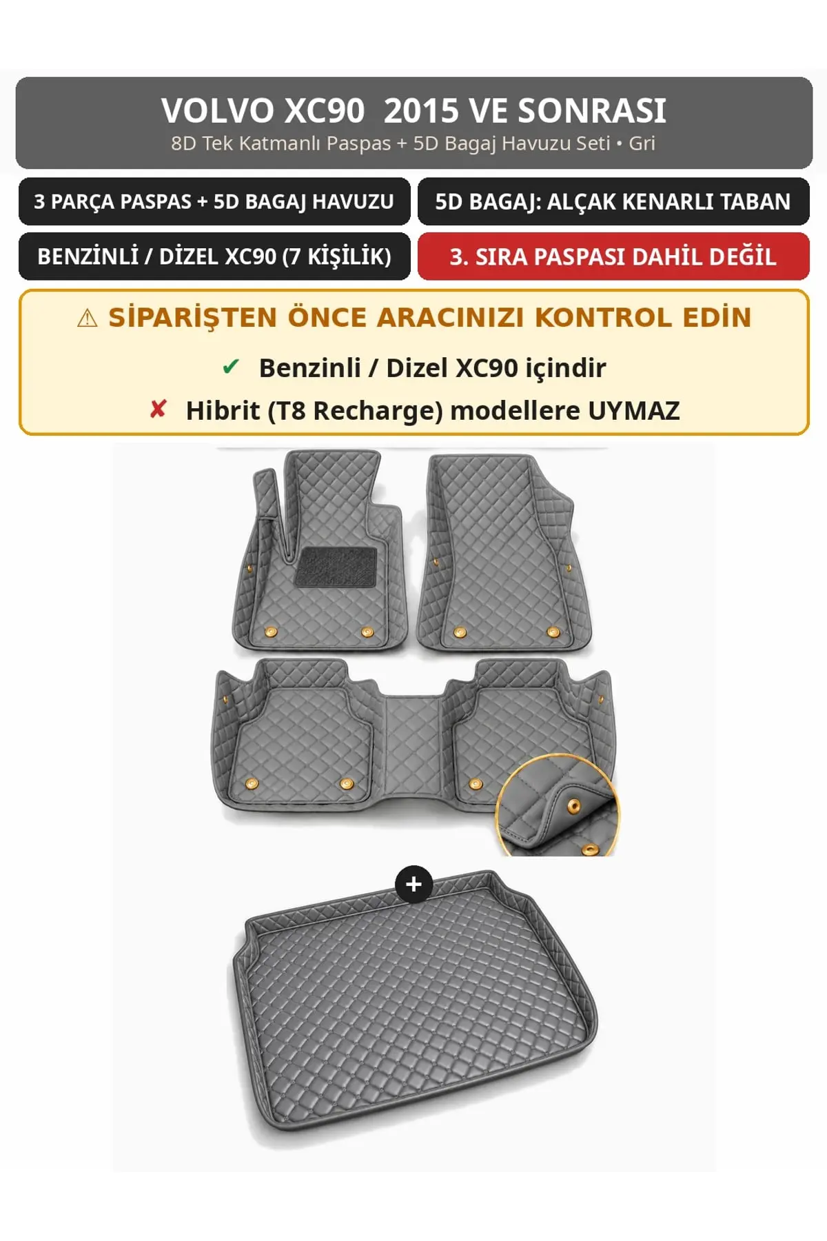 Volvo XC90 2015+ Benzinli/Dizel 8D Tek Katmanlı Paspas + 5D Bagaj Havuzu Seti Gri (1)