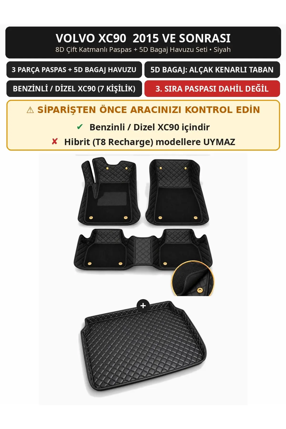 Volvo XC90 2015+ Benzinli/Dizel 8D Çift Katmanlı Paspas + 5D Bagaj Havuzu Seti Siyah (1)