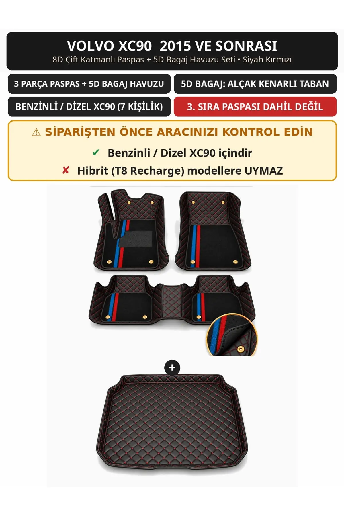 Volvo XC90 2015+ Benzinli/Dizel 8D Çift Katmanlı Paspas + 5D Bagaj Havuzu Seti Siyah Kırmızı (1)