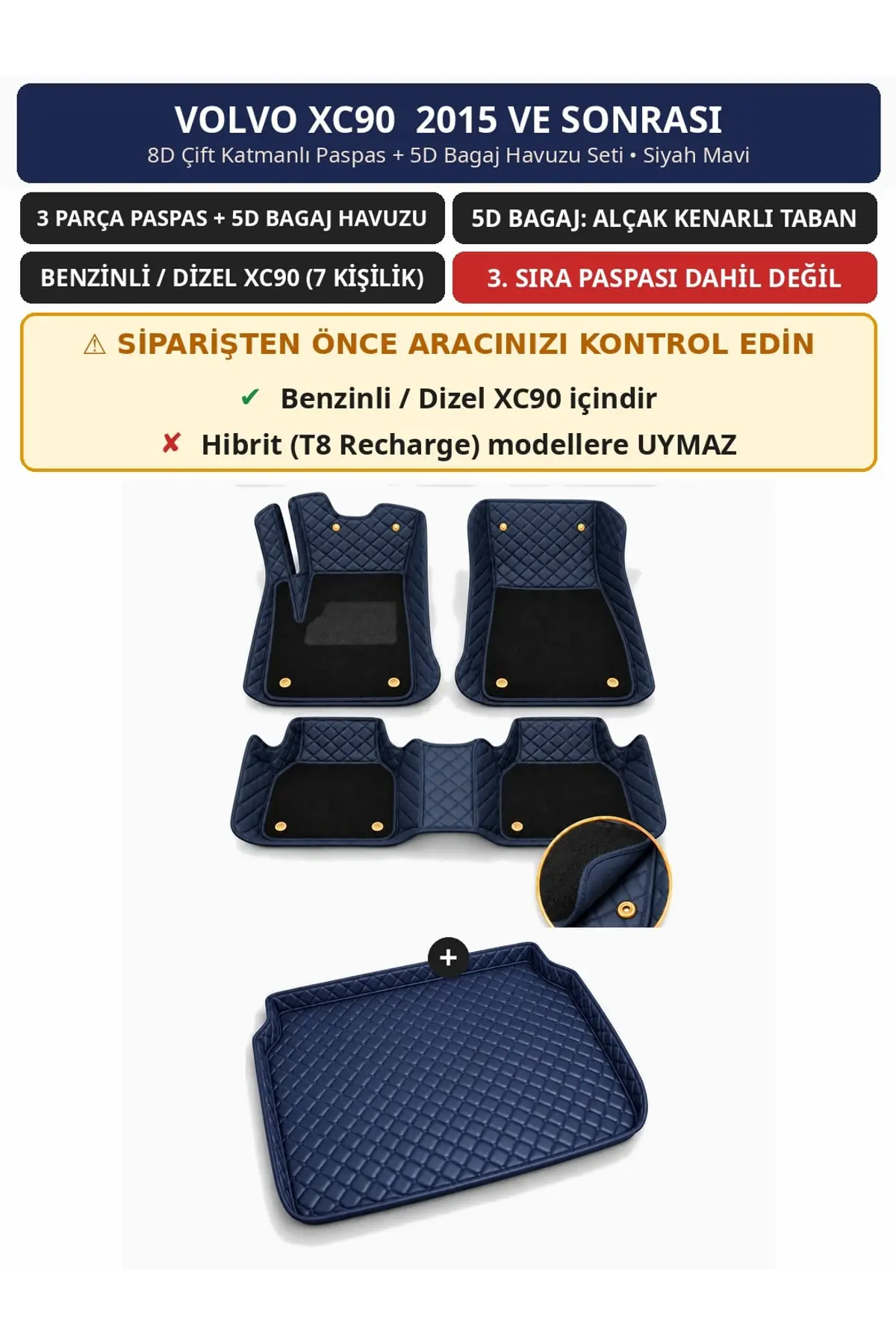 Volvo XC90 2015+ Benzinli/Dizel 8D Çift Katmanlı Paspas + 5D Bagaj Havuzu Seti Siyah Mavi (1)