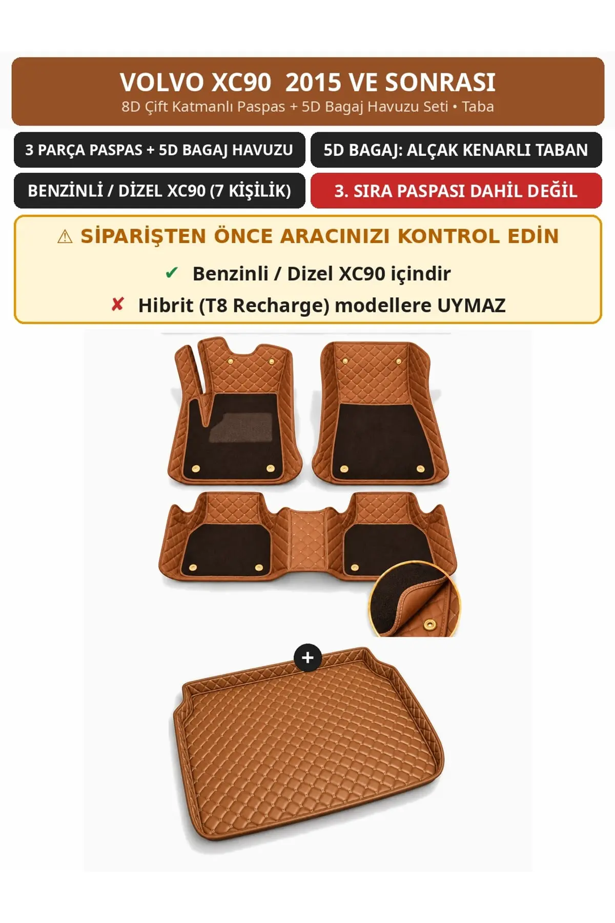Volvo XC90 2015+ Benzinli/Dizel 8D Çift Katmanlı Paspas + 5D Bagaj Havuzu Seti Taba (1)