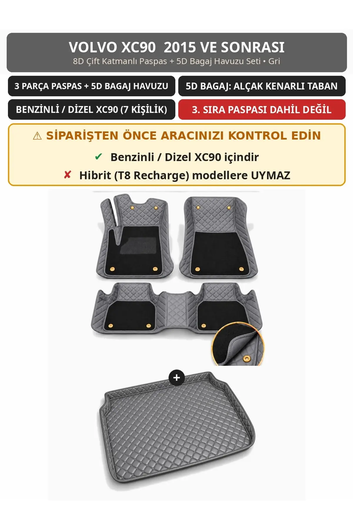 Volvo XC90 2015+ Benzinli/Dizel 8D Çift Katmanlı Paspas + 5D Bagaj Havuzu Seti Gri (1)
