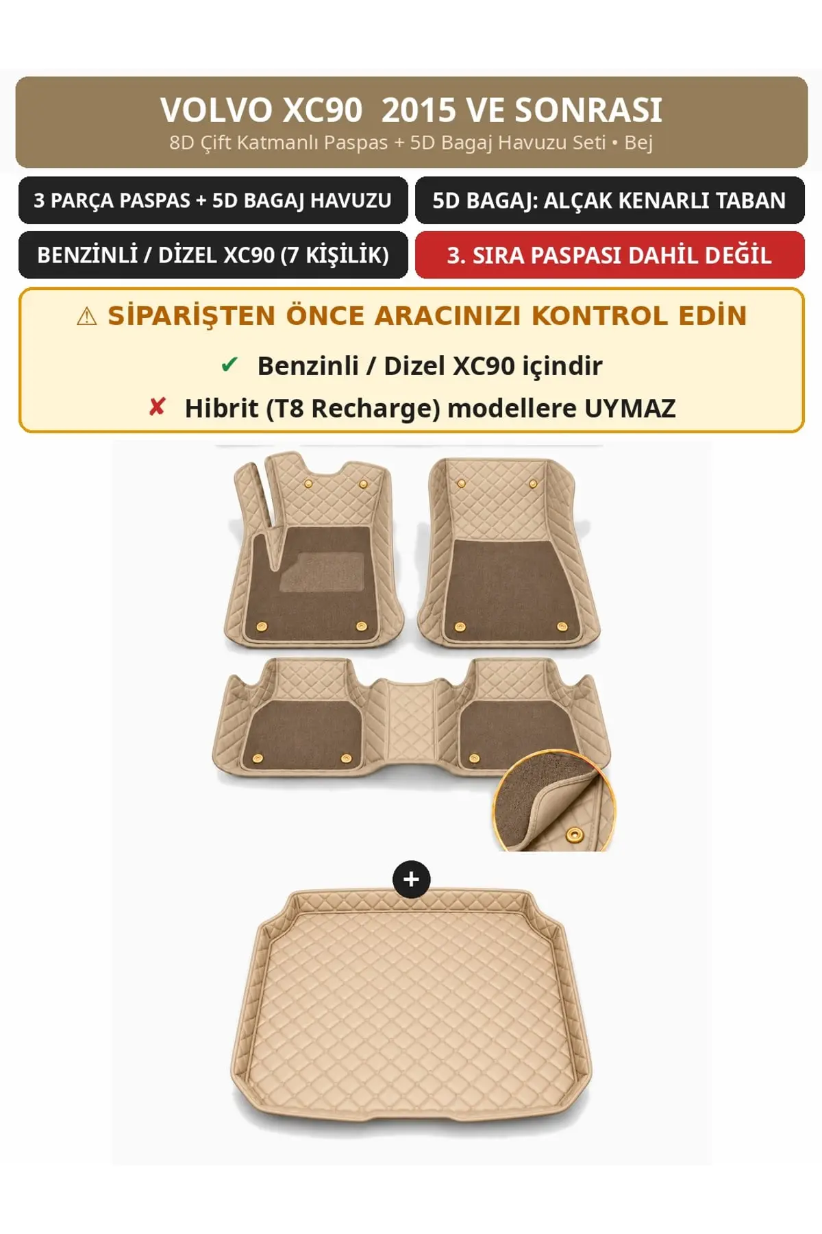 Volvo XC90 2015+ Benzinli/Dizel 8D Çift Katmanlı Paspas + 5D Bagaj Havuzu Seti Bej (1)