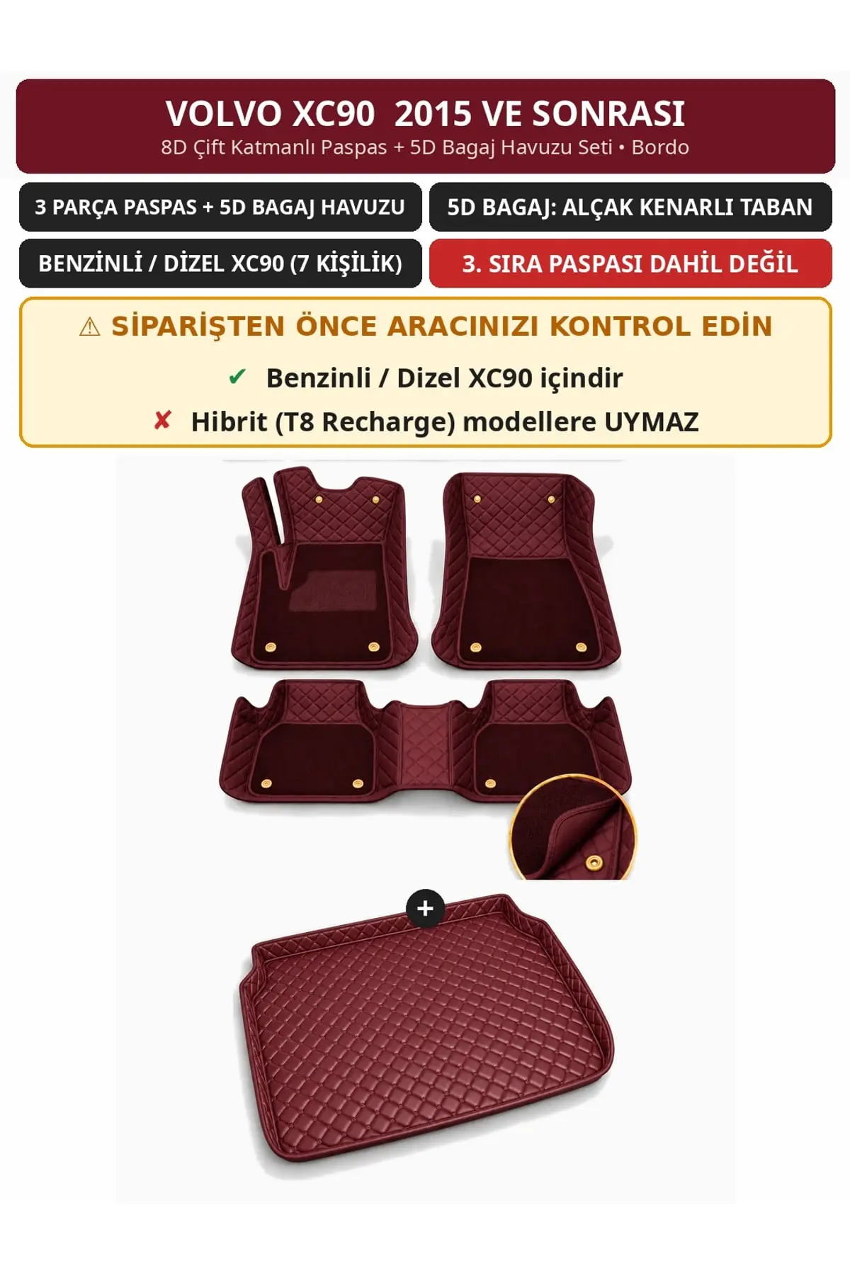 Volvo XC90 2015+ Benzinli/Dizel 8D Çift Katmanlı Paspas + 5D Bagaj Havuzu Seti Bordo (1)