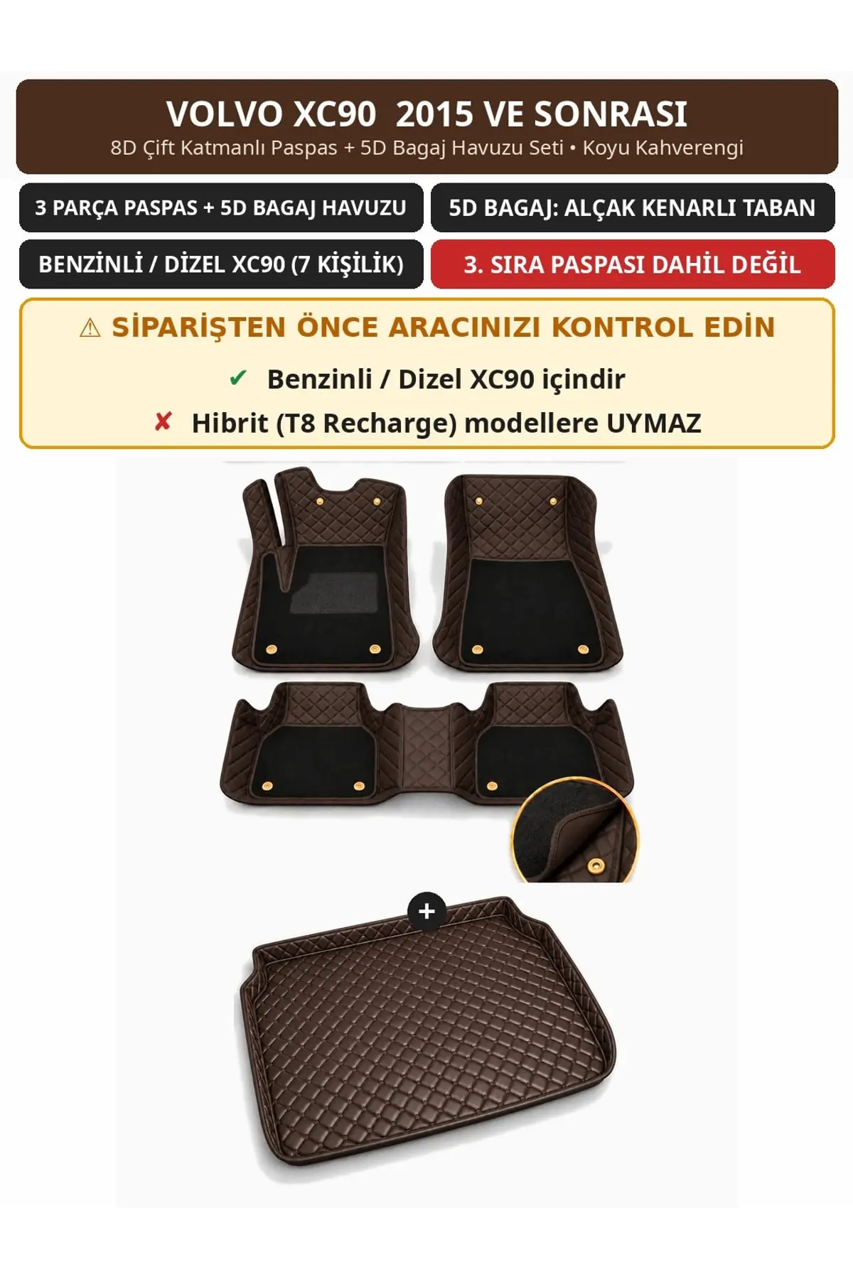 Volvo XC90 2015+ Benzinli/Dizel 8D Çift Katmanlı Paspas + 5D Bagaj Havuzu Seti Koyu Kahverengi (1)
