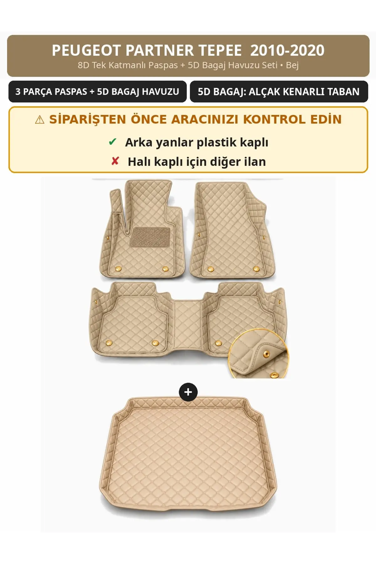 Peugeot Partner Tepee 2010-2020 Arka Yan Plastik 8D Tek Katmanlı Paspas + 5D Bagaj Havuzu Seti Bej (1)