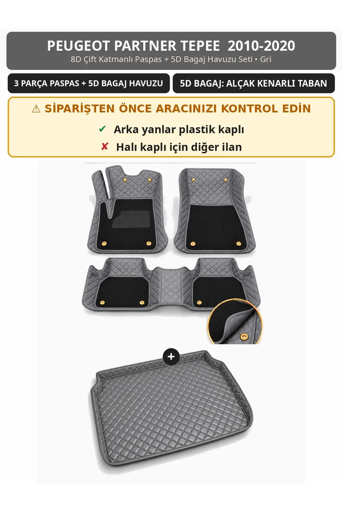 Peugeot Partner Tepee 2010-2020 Arka Yan Plastik 8D Çift Katmanlı Paspas + 5D Bagaj Havuzu Seti Gri (1)