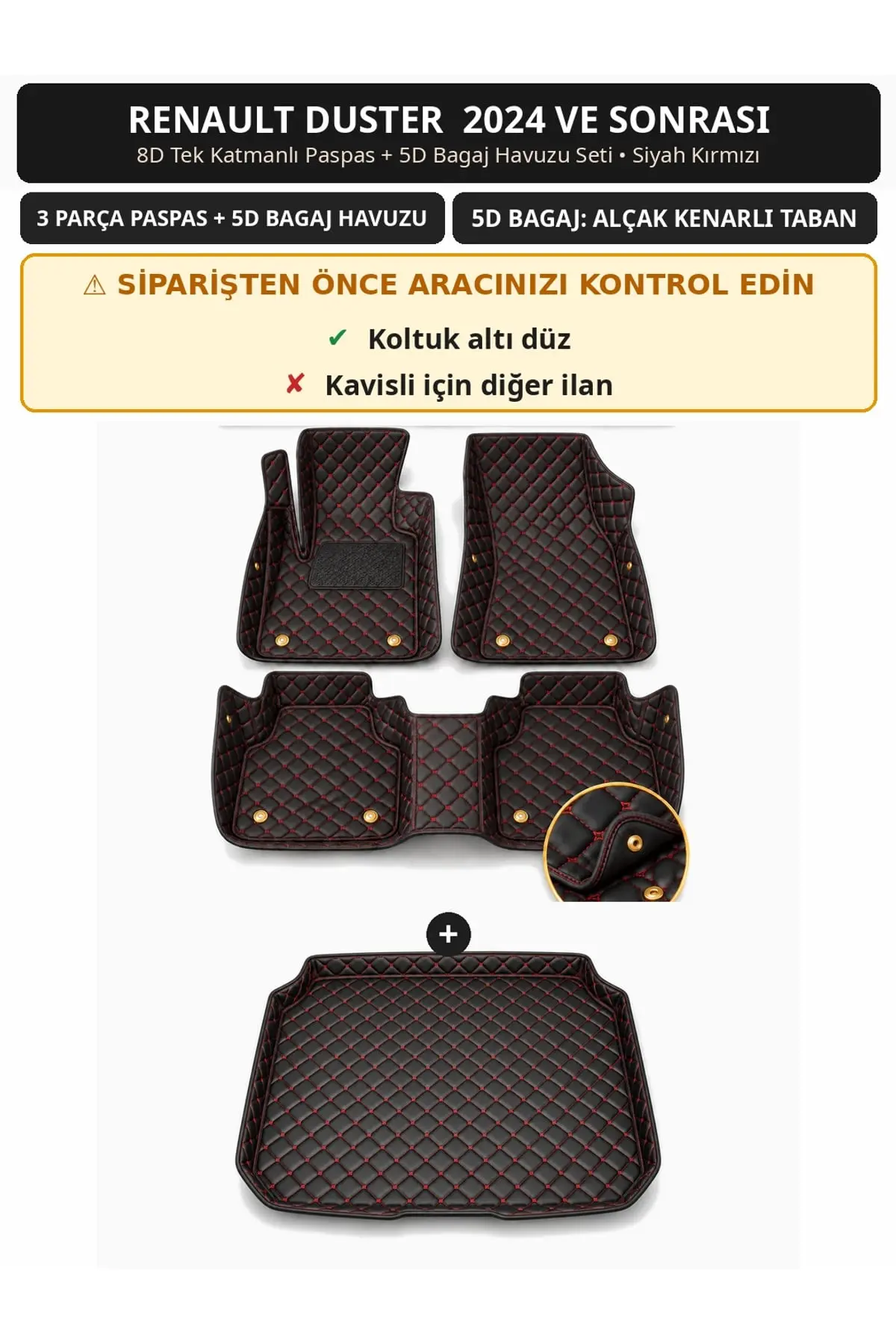Renault Duster 2024+ Düz Koltuk Altı 8D Tek Katmanlı Paspas + 5D Bagaj Havuzu Seti Siyah Kırmızı (1)