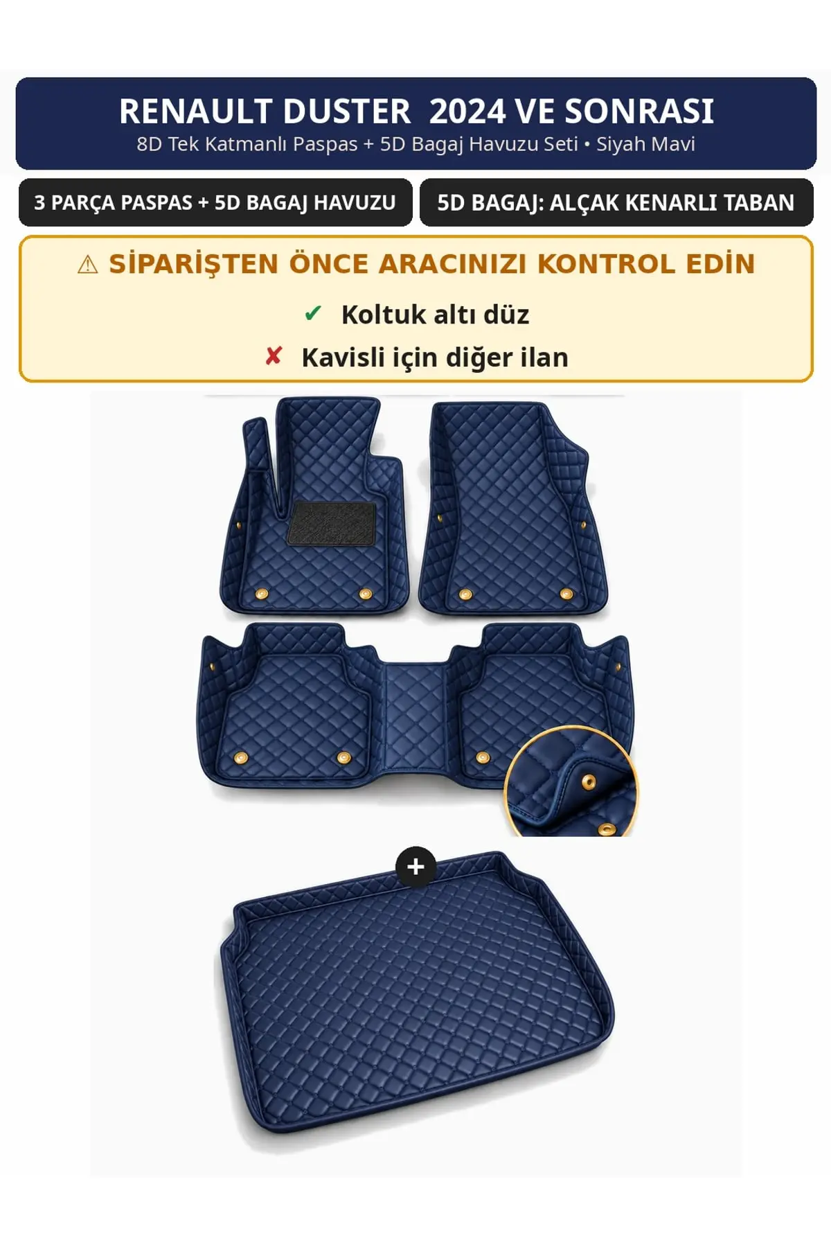 Renault Duster 2024+ Düz Koltuk Altı 8D Tek Katmanlı Paspas + 5D Bagaj Havuzu Seti Siyah Mavi (1)