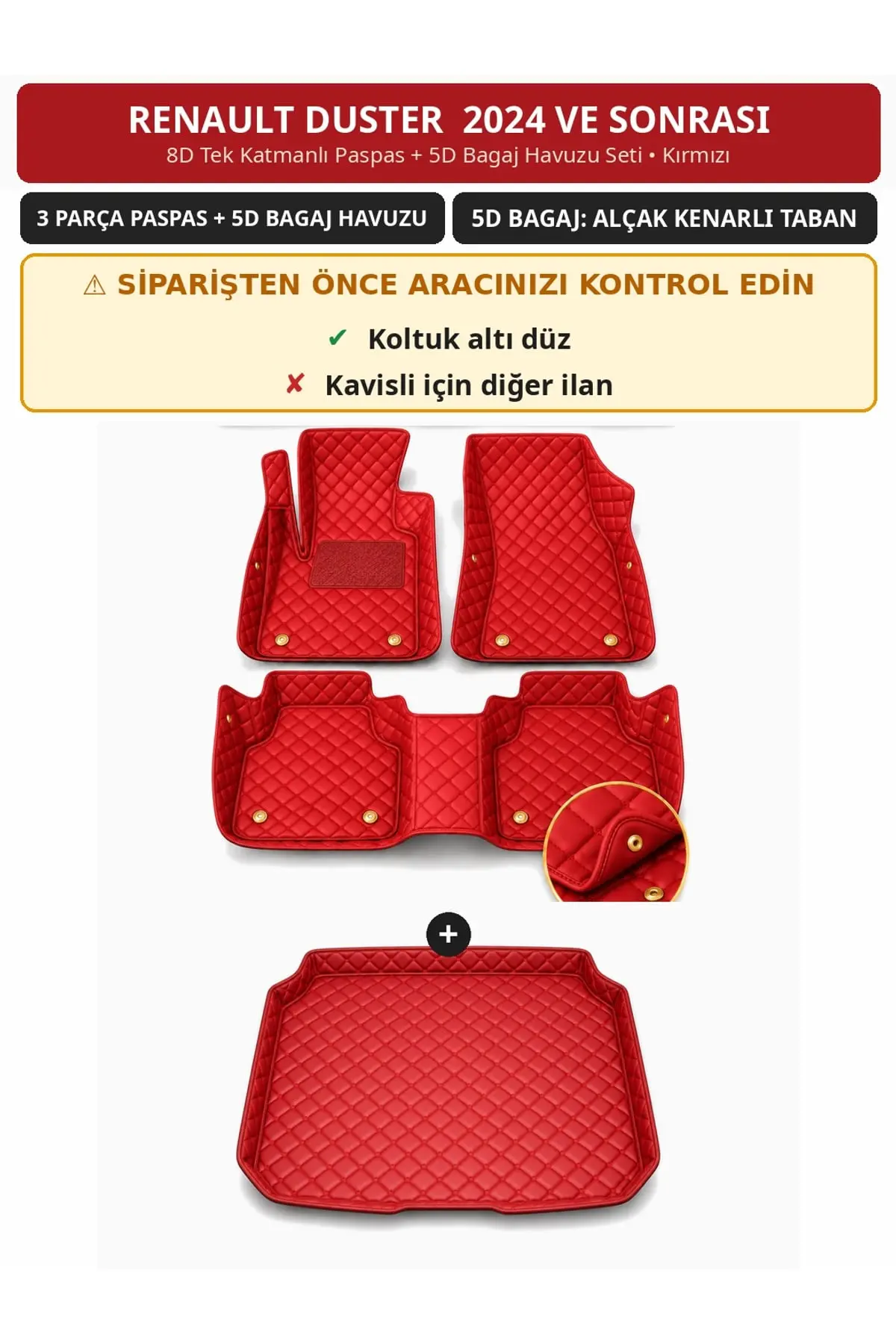 Renault Duster 2024+ Düz Koltuk Altı 8D Tek Katmanlı Paspas + 5D Bagaj Havuzu Seti Kırmızı (1)