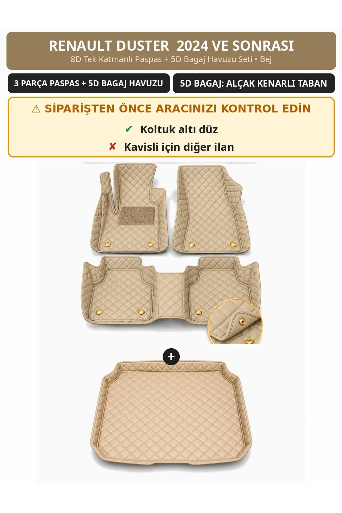 Renault Duster 2024+ Düz Koltuk Altı 8D Tek Katmanlı Paspas + 5D Bagaj Havuzu Seti Bej (1)