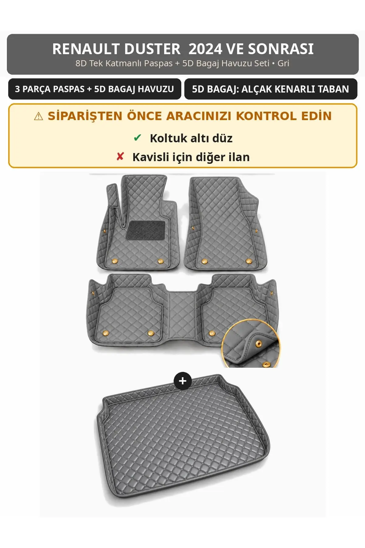 Renault Duster 2024+ Düz Koltuk Altı 8D Tek Katmanlı Paspas + 5D Bagaj Havuzu Seti Gri (1)