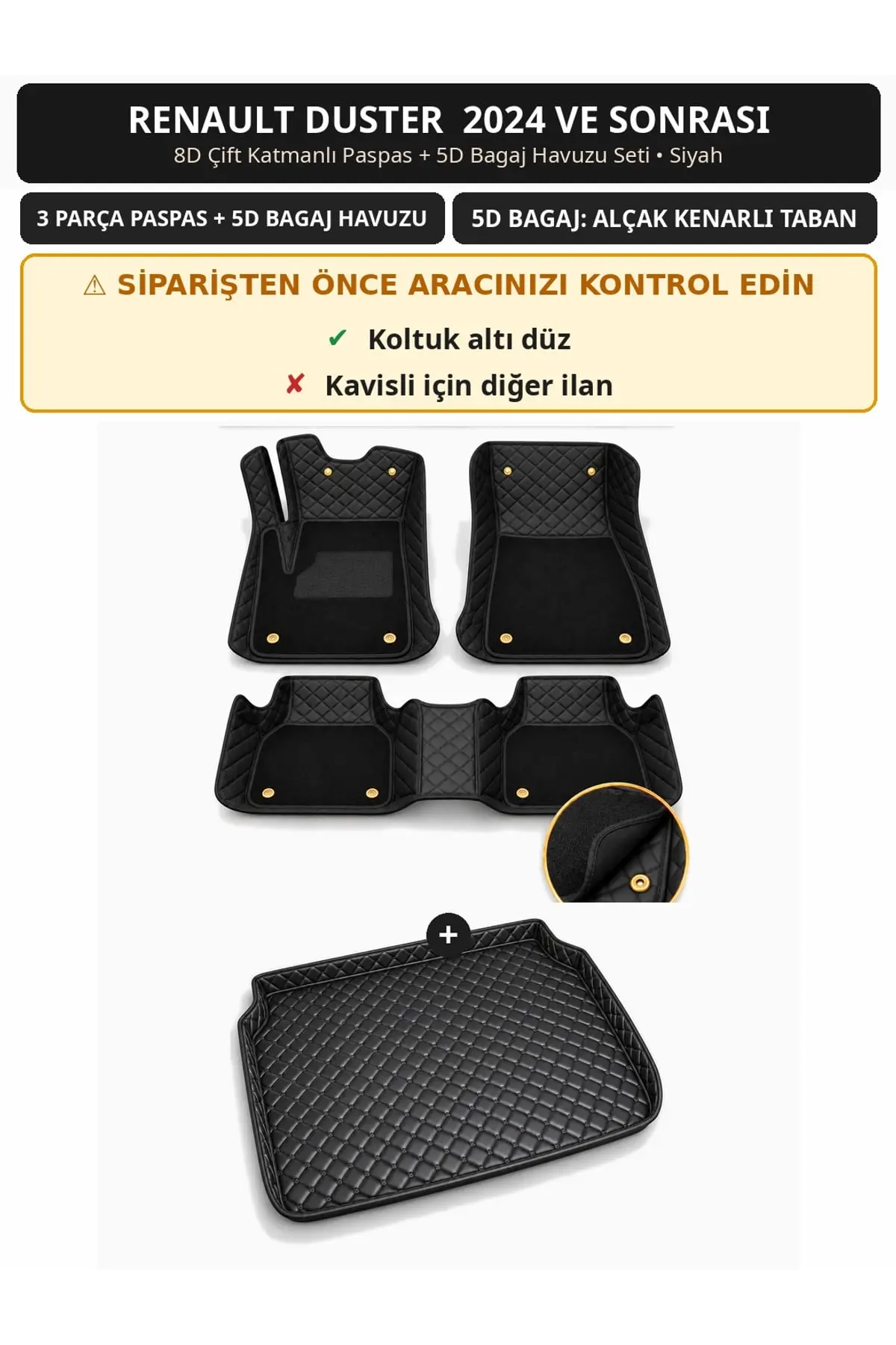 Renault Duster 2024+ Düz Koltuk Altı 8D Çift Katmanlı Paspas + 5D Bagaj Havuzu Seti Siyah (1)