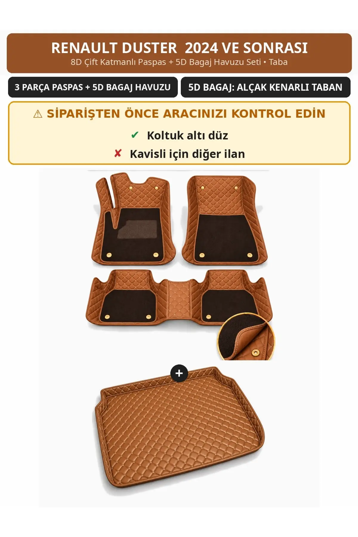 Renault Duster 2024+ Düz Koltuk Altı 8D Çift Katmanlı Paspas + 5D Bagaj Havuzu Seti Taba (1)