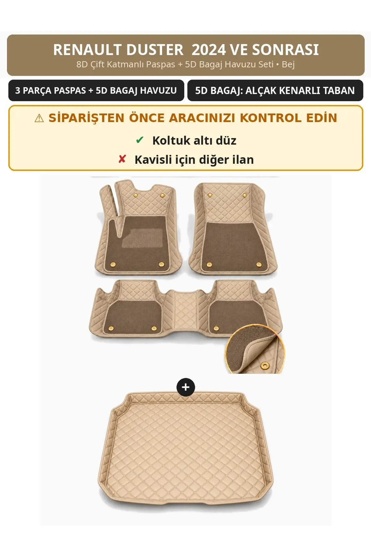 Renault Duster 2024+ Düz Koltuk Altı 8D Çift Katmanlı Paspas + 5D Bagaj Havuzu Seti Bej (1)