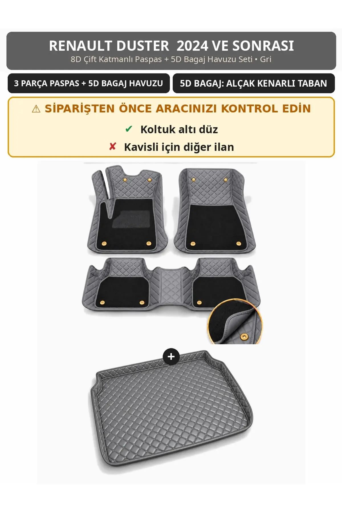Renault Duster 2024+ Düz Koltuk Altı 8D Çift Katmanlı Paspas + 5D Bagaj Havuzu Seti Gri (1)