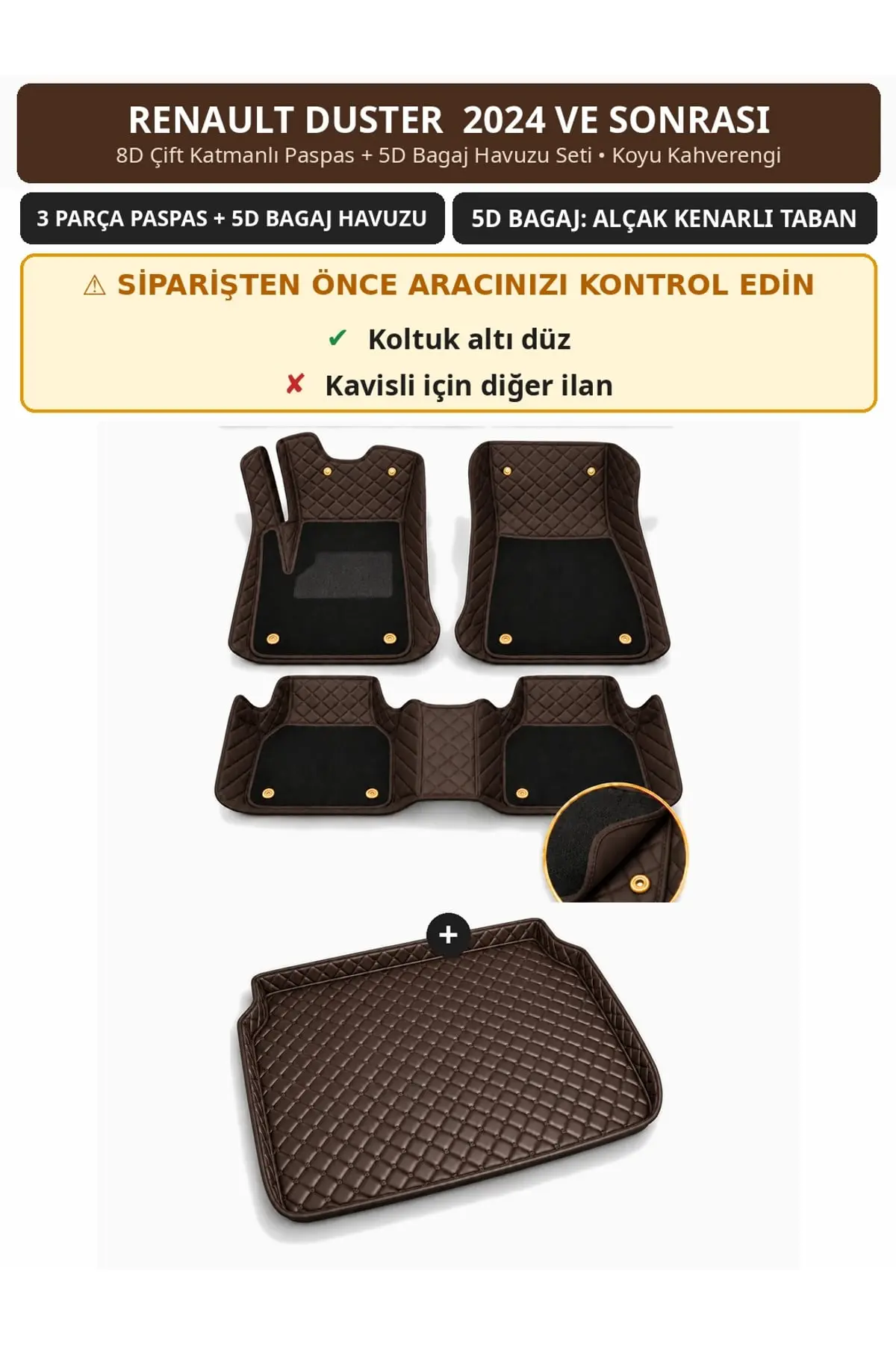 Renault Duster 2024+ Düz Koltuk Altı 8D Çift Katmanlı Paspas + 5D Bagaj Havuzu Seti Koyu Kahverengi (1)