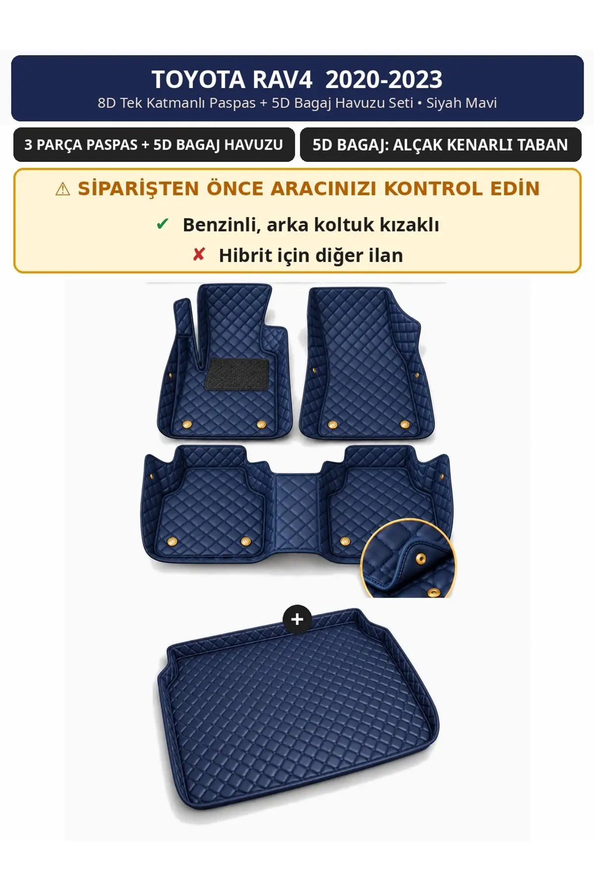 Toyota RAV4 2020-2023 Benzinli 8D Tek Katmanlı Paspas + 5D Bagaj Havuzu Seti Siyah Mavi (1)