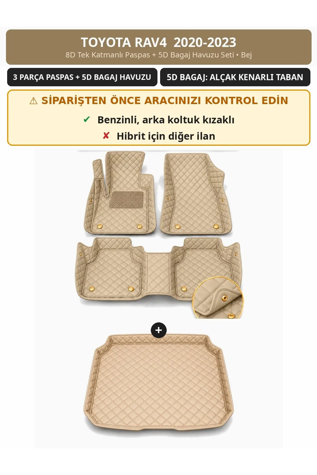 Toyota RAV4 2020-2023 Benzinli 8D Tek Katmanlı Paspas + 5D Bagaj Havuzu Seti Bej (1)