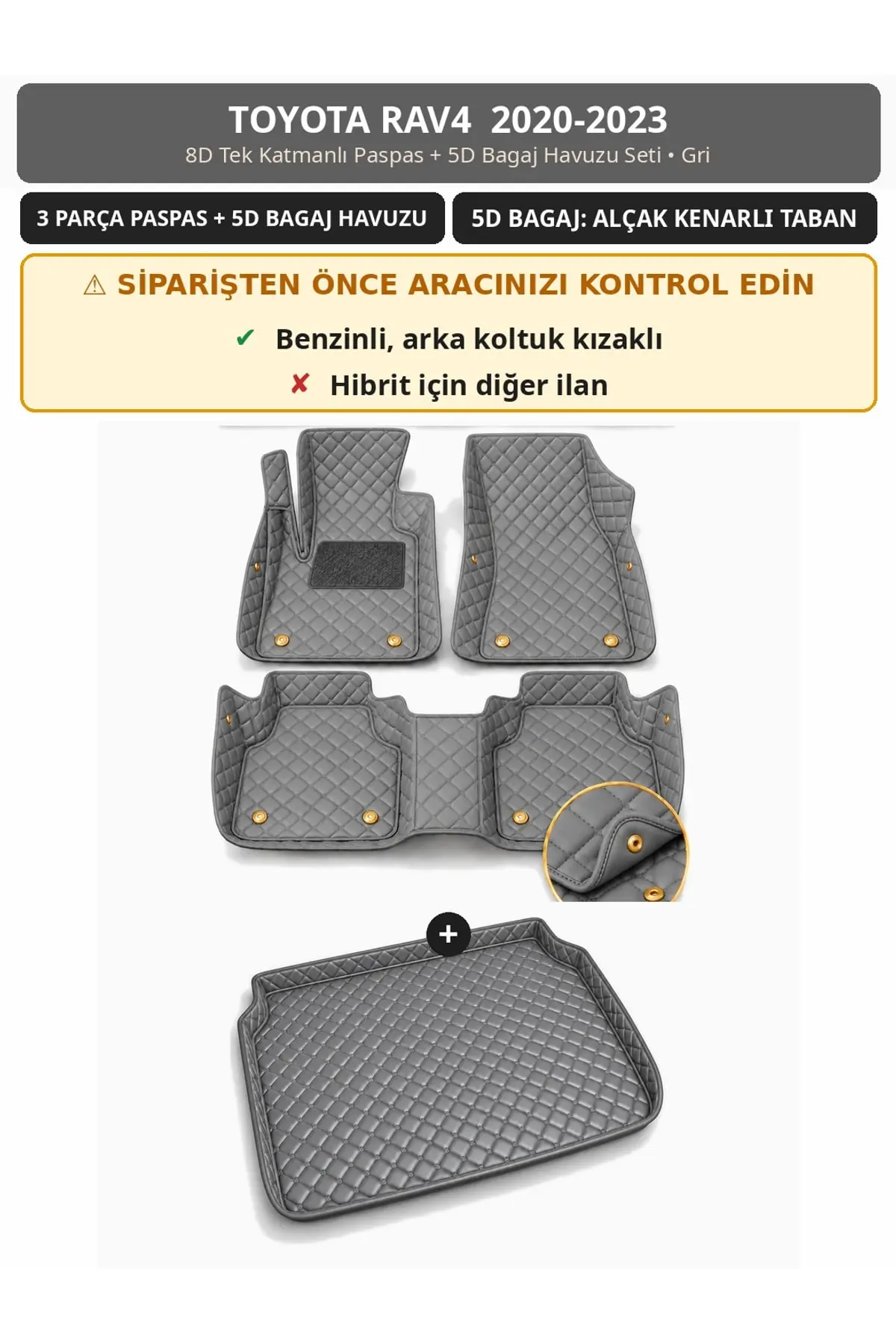Toyota RAV4 2020-2023 Benzinli 8D Tek Katmanlı Paspas + 5D Bagaj Havuzu Seti Gri (1)