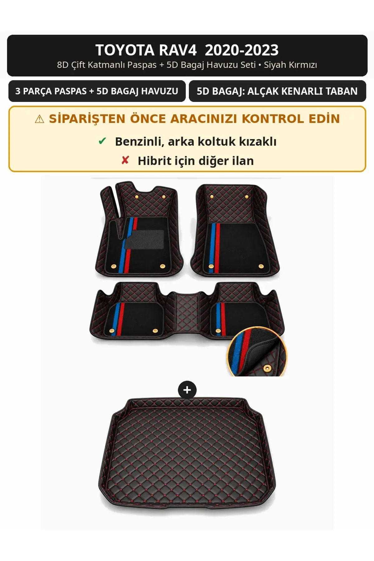 Toyota RAV4 2020-2023 Benzinli 8D Çift Katmanlı Paspas + 5D Bagaj Havuzu Seti Siyah Kırmızı (1)
