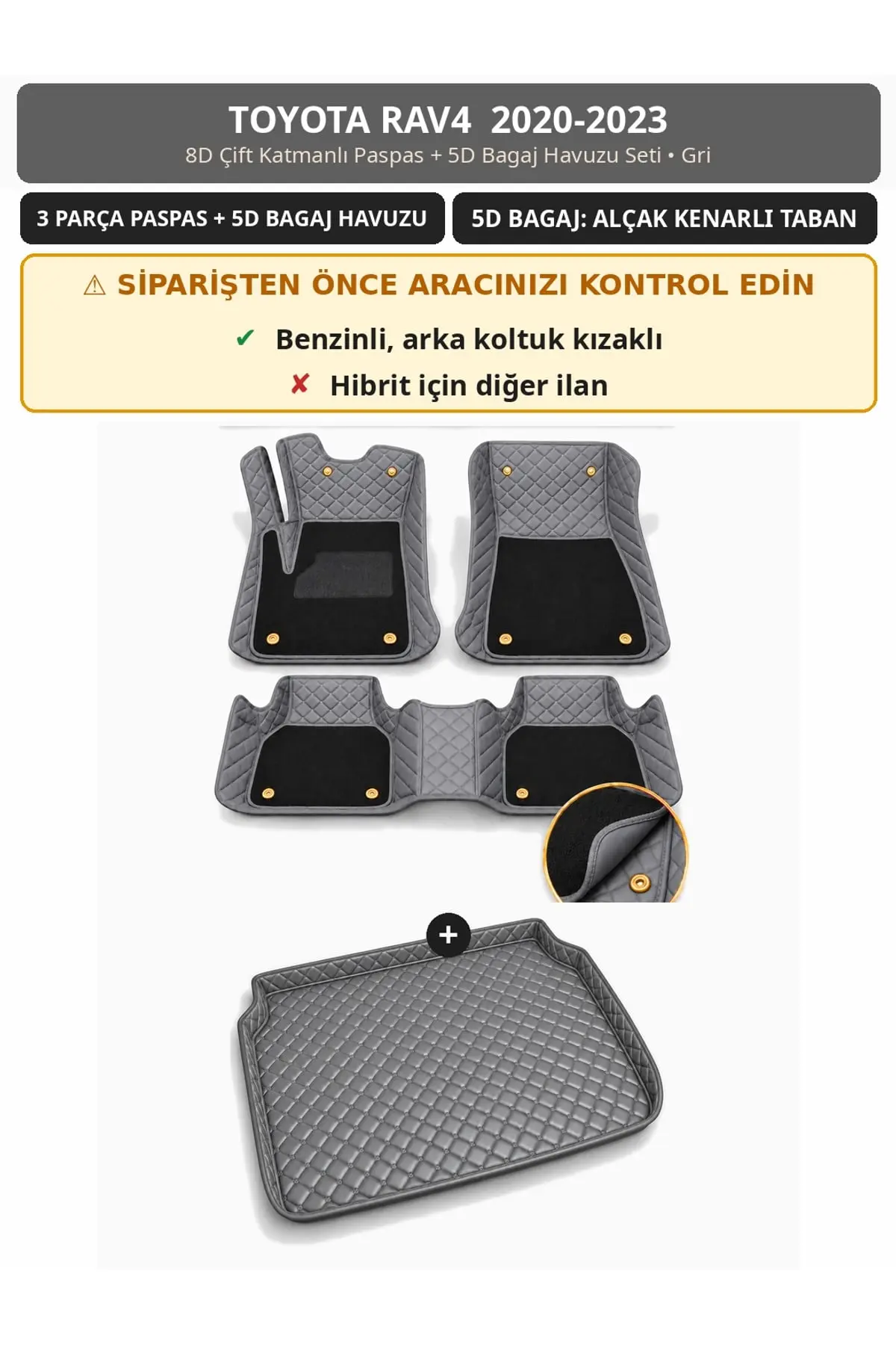 Toyota RAV4 2020-2023 Benzinli 8D Çift Katmanlı Paspas + 5D Bagaj Havuzu Seti Gri (1)