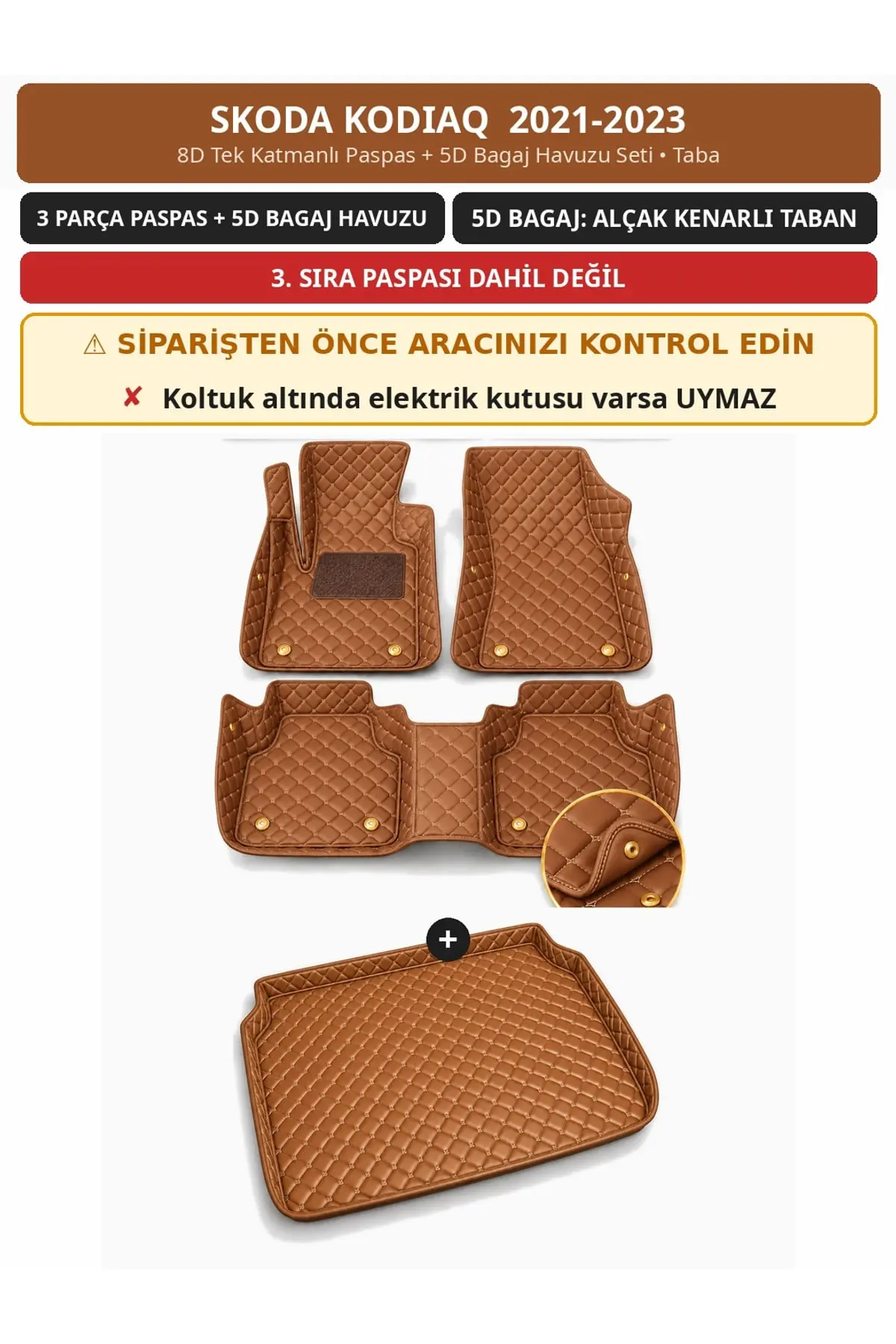 Skoda Kodiaq 2021-2023 7 Kişilik 8D Tek Katmanlı Paspas + 5D Bagaj Havuzu Seti Taba (1)