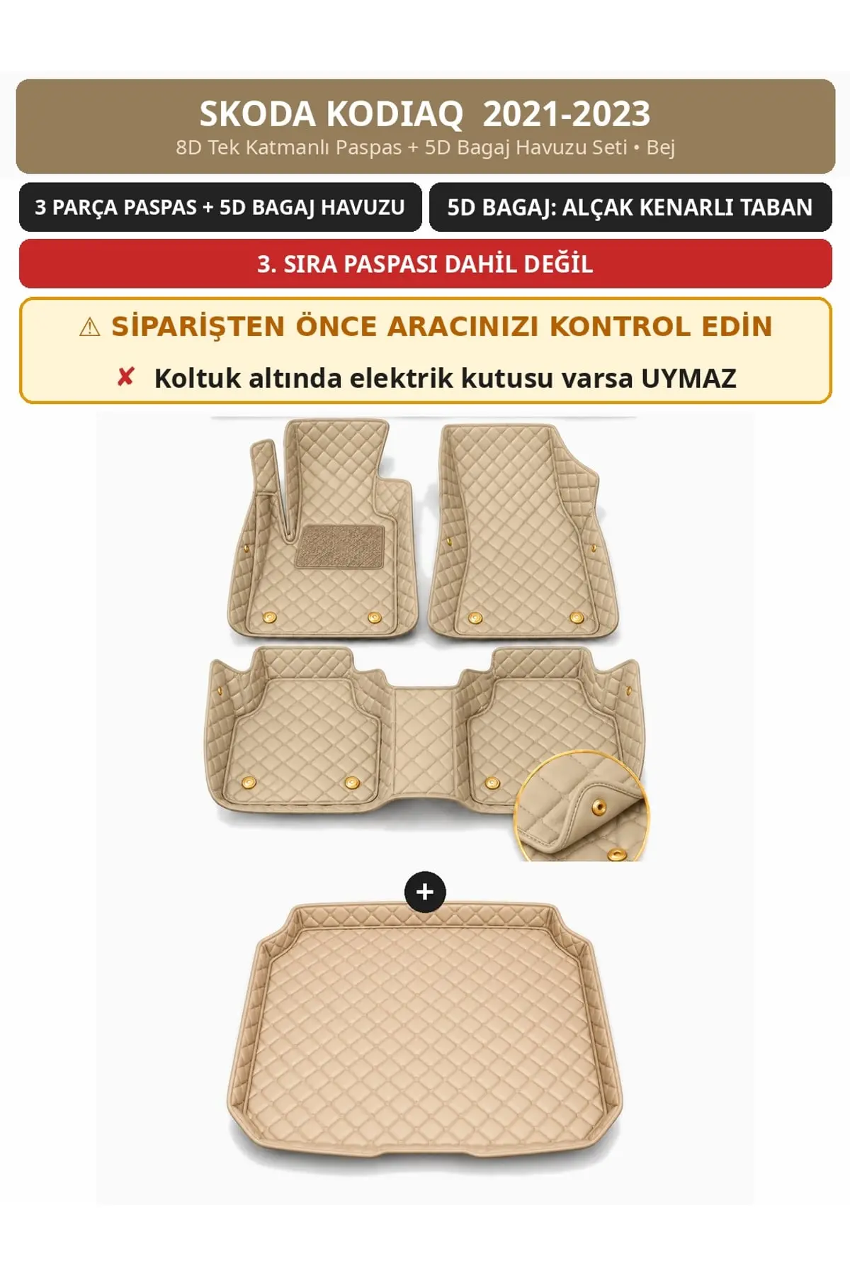 Skoda Kodiaq 2021-2023 7 Kişilik 8D Tek Katmanlı Paspas + 5D Bagaj Havuzu Seti Bej (1)