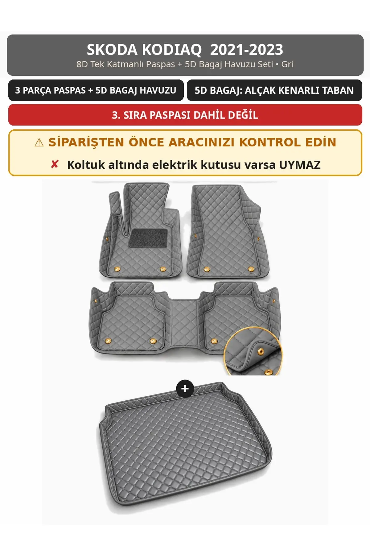 Skoda Kodiaq 2021-2023 7 Kişilik 8D Tek Katmanlı Paspas + 5D Bagaj Havuzu Seti Gri (1)