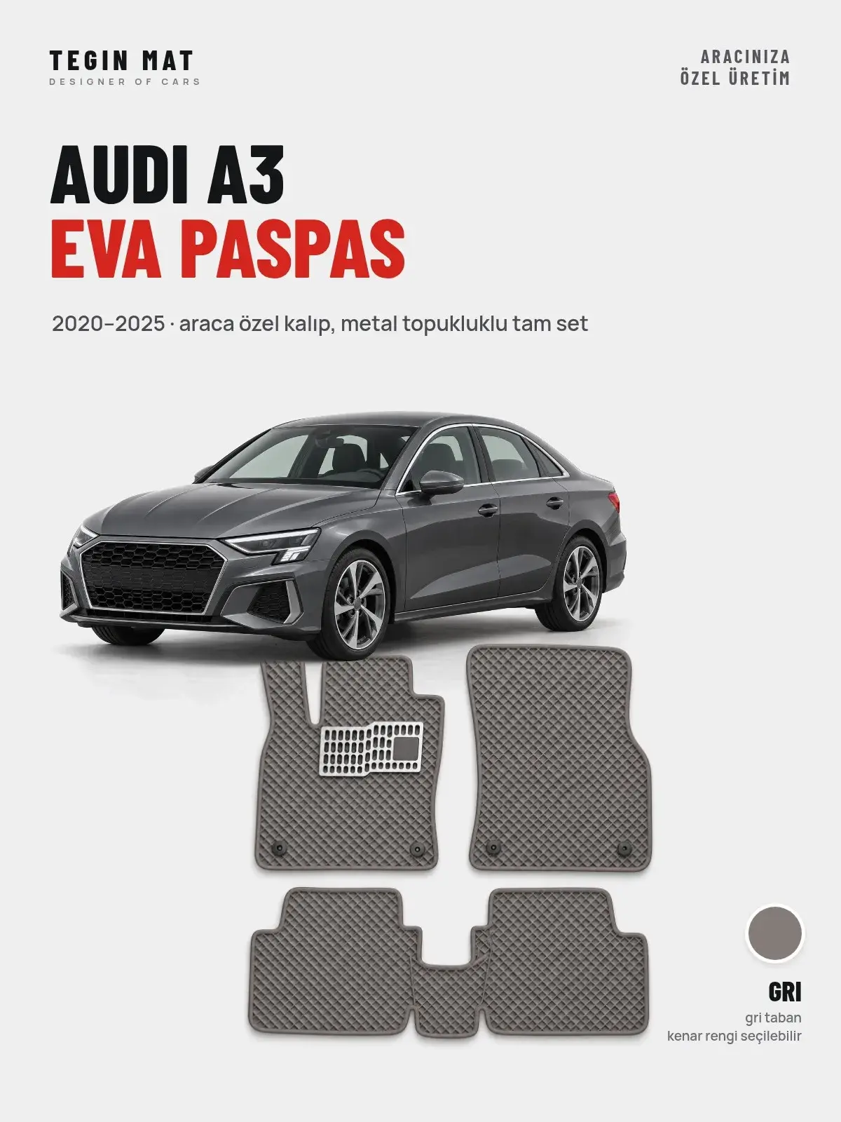 Audi A3 EVA Oto Paspas Tam Set (2020–2025) Gri – Araca Özel Kalıp (1)