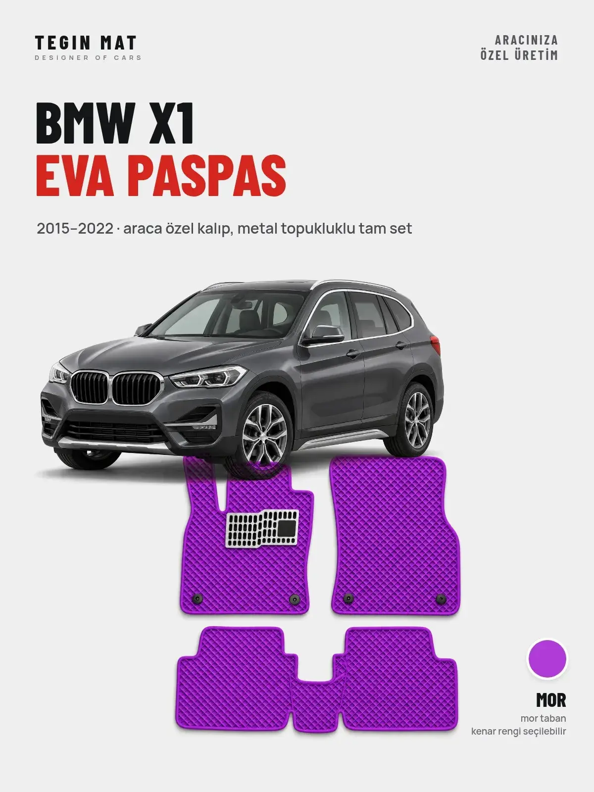 BMW X1 EVA Oto Paspas Tam Set (2015–2022) Mor – Araca Özel Kalıp (1)
