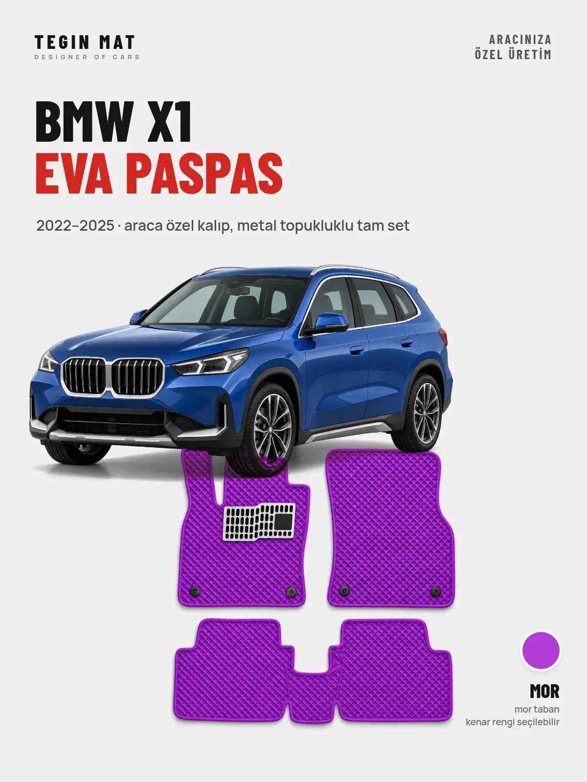 BMW X1 EVA Oto Paspas Tam Set (2022–2025) Mor – Araca Özel Kalıp (1)