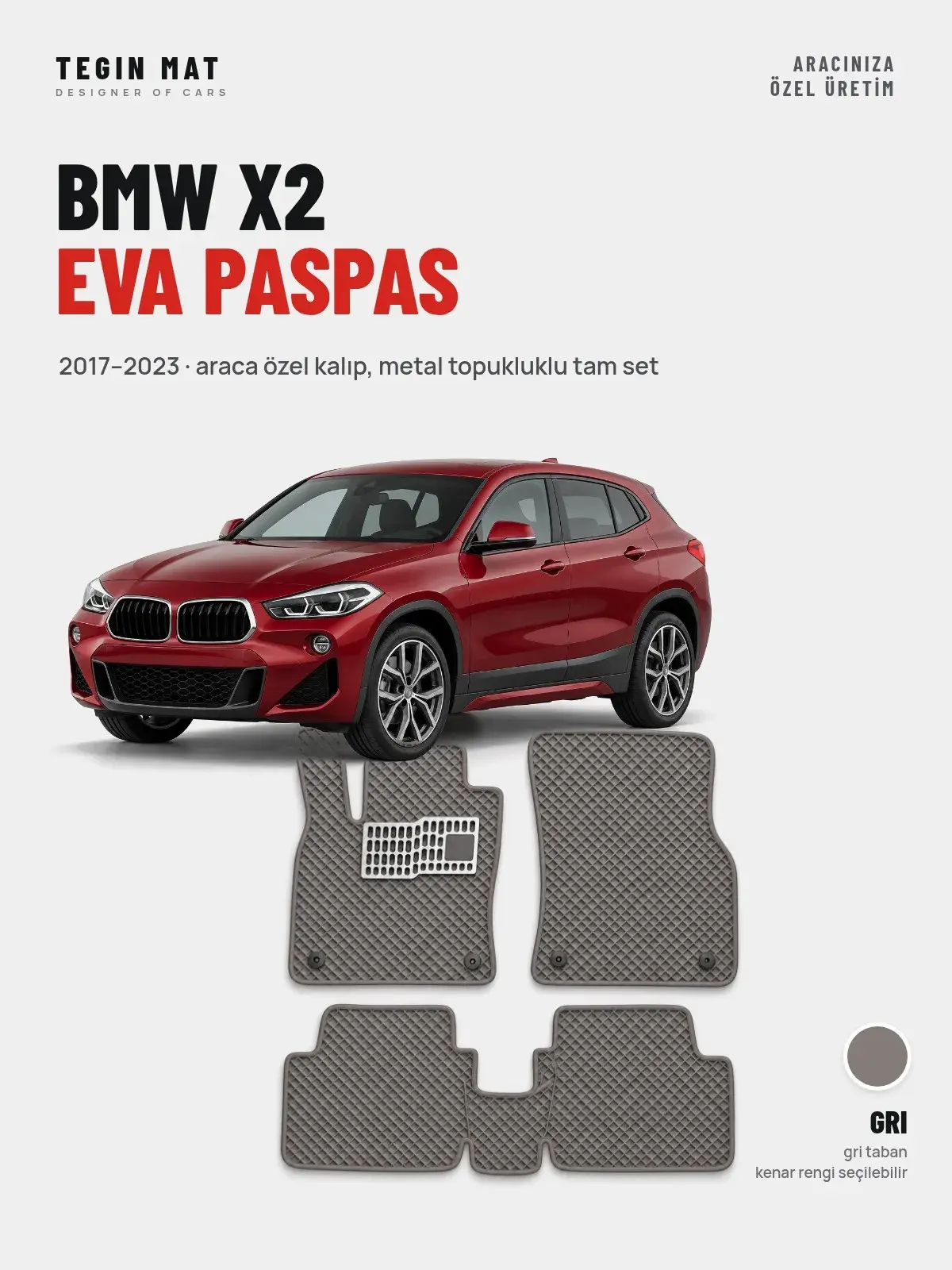 BMW X2 EVA Oto Paspas Tam Set (2017–2023) Gri – Araca Özel Kalıp (1)