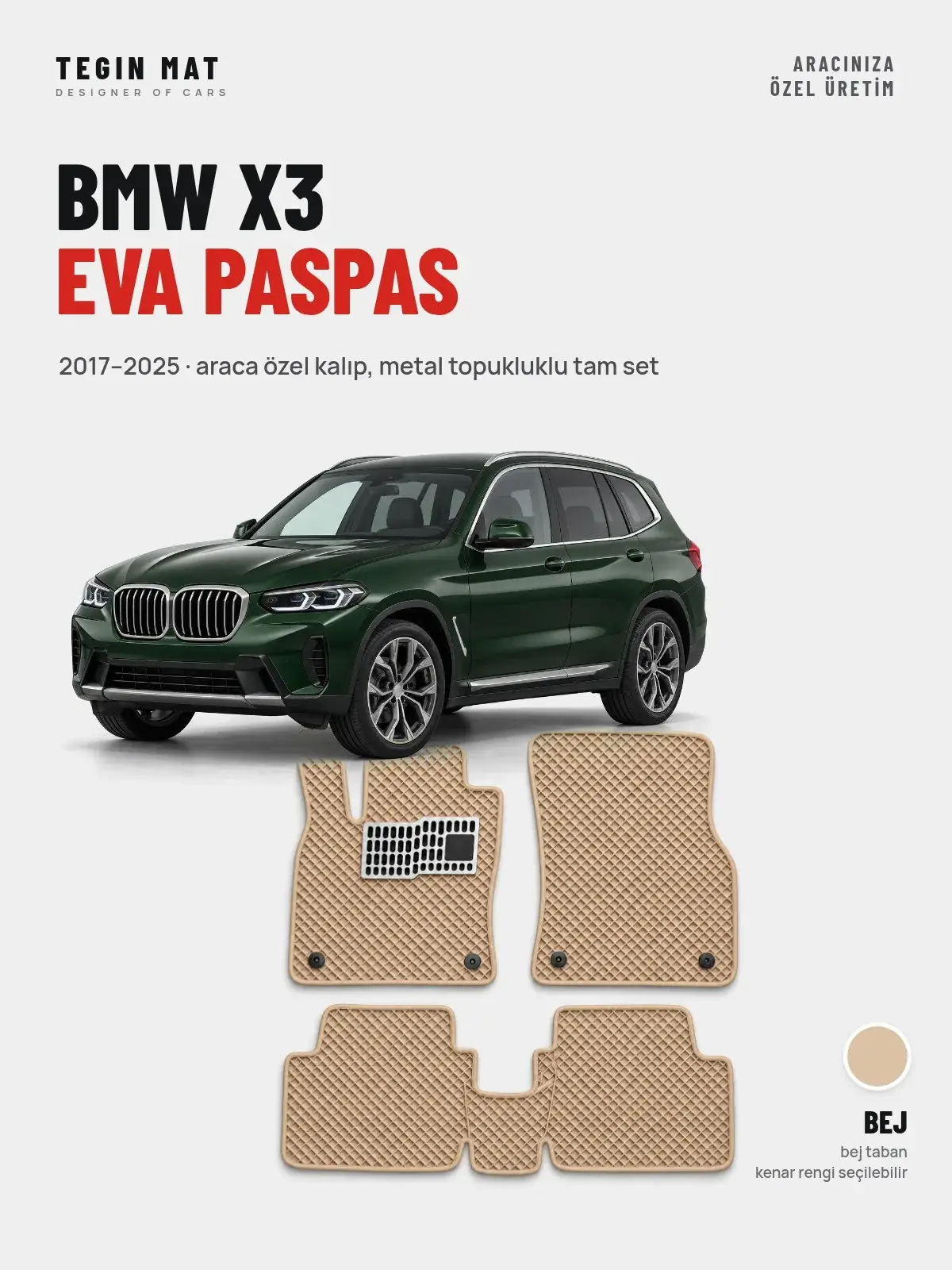 BMW X3 EVA Oto Paspas Tam Set (2017–2025) Bej – Araca Özel Kalıp (1)