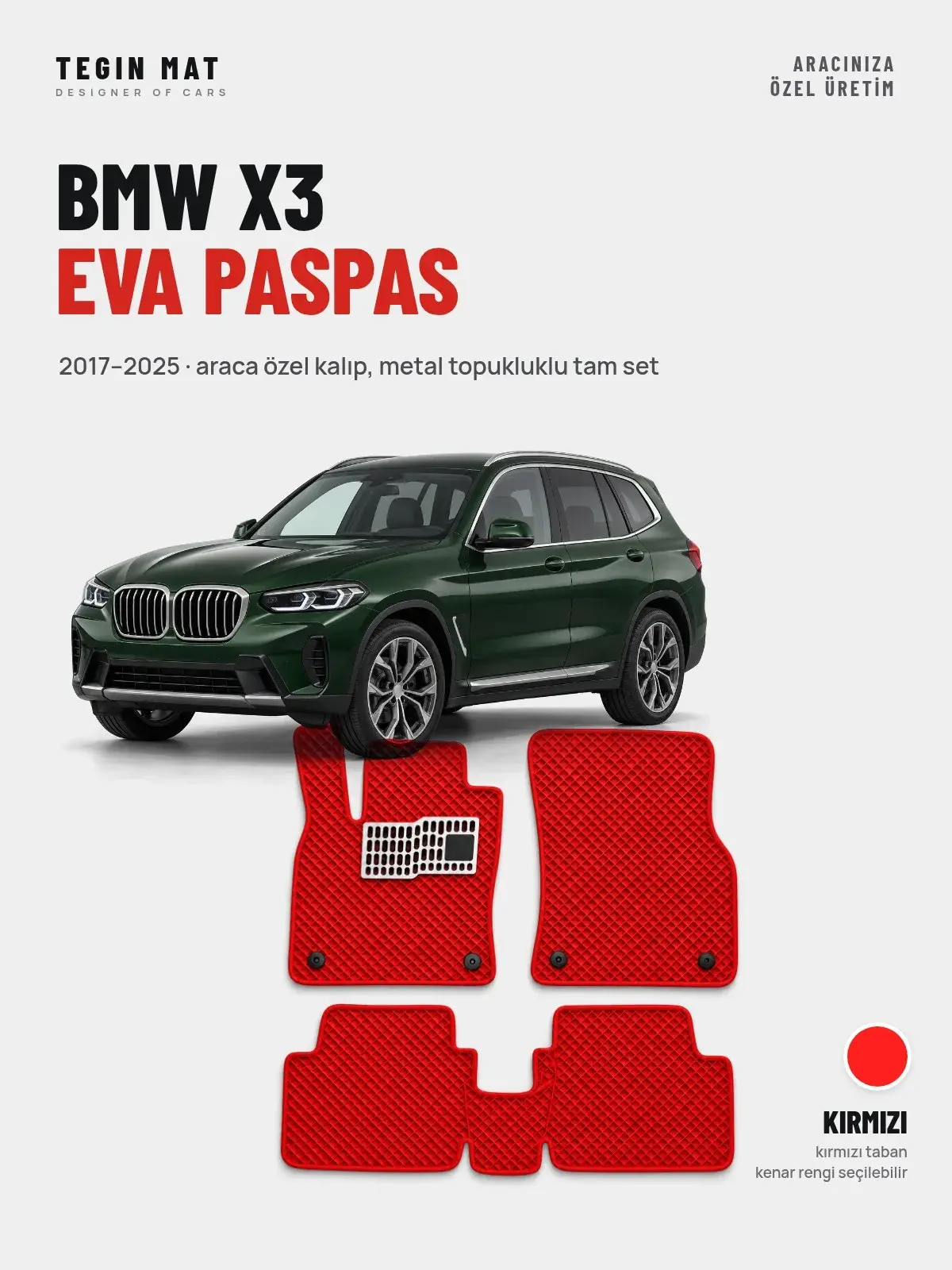 BMW X3 EVA Oto Paspas Tam Set (2017–2025) Kırmızı – Araca Özel Kalıp (1)
