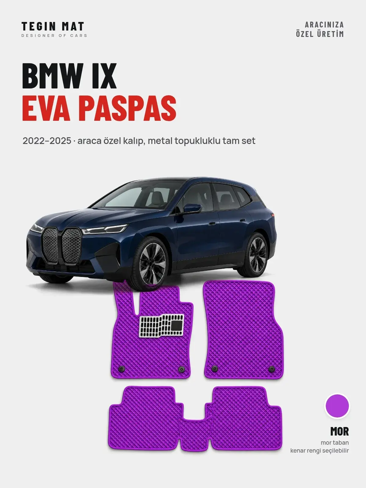 BMW iX EVA Oto Paspas Tam Set (2022–2025) Mor – Araca Özel Kalıp (1)