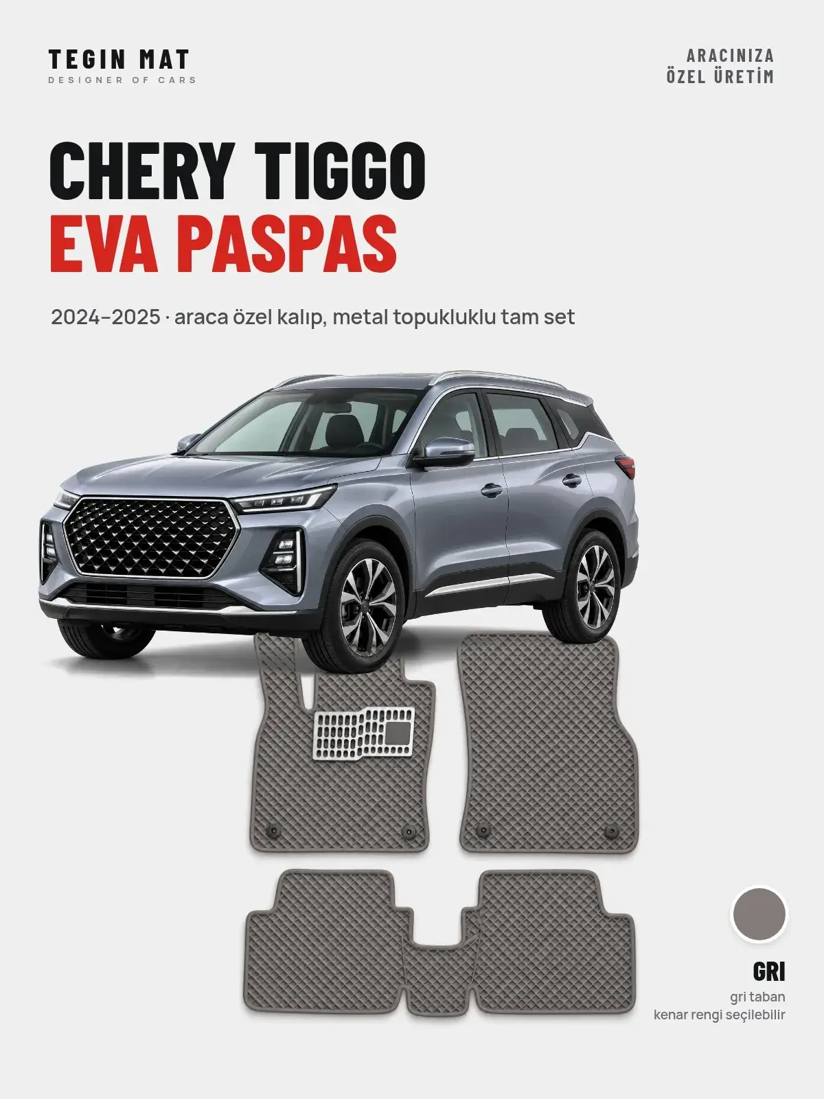 Chery Tiggo EVA Oto Paspas Tam Set (2024–2025) Gri – Araca Özel Kalıp (1)