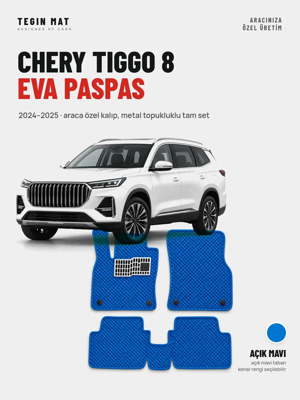 Chery Tiggo 8 EVA Oto Paspas Tam Set (2024–2025) Açık Mavi – Araca Özel Kalıp (1)