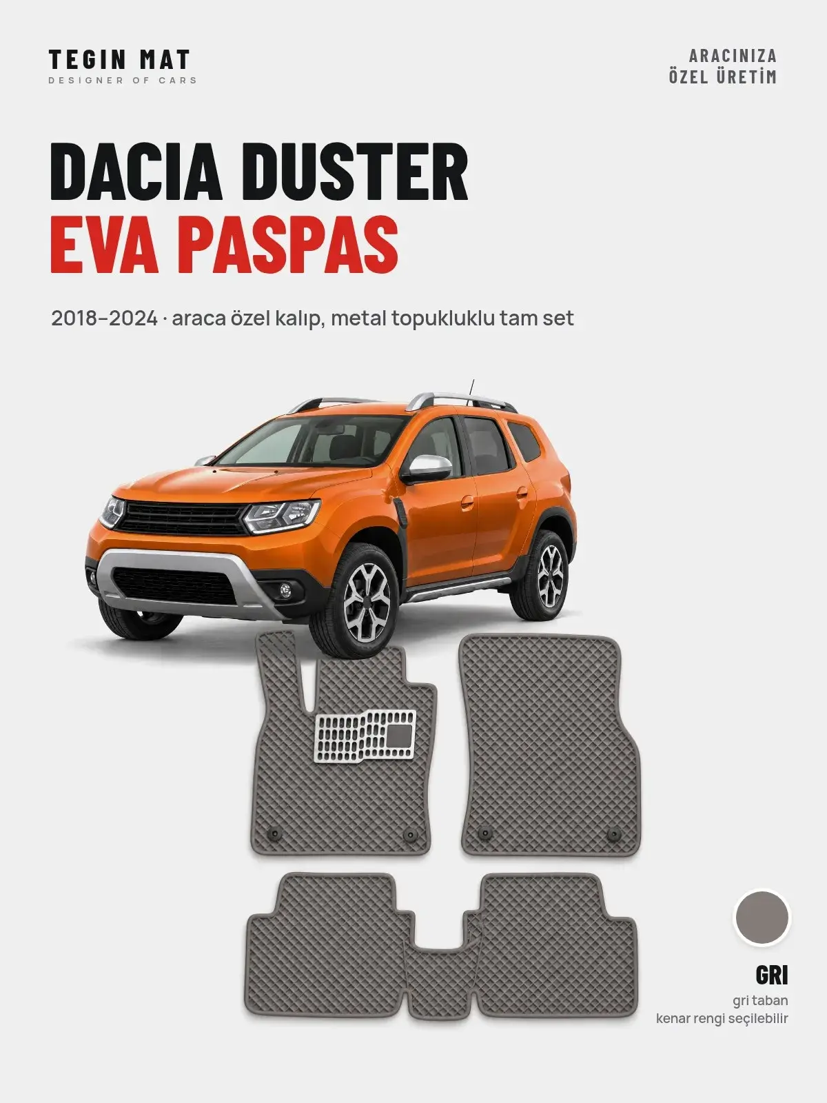 Dacia Duster EVA Oto Paspas Tam Set (2018–2024) Gri – Araca Özel Kalıp (1)
