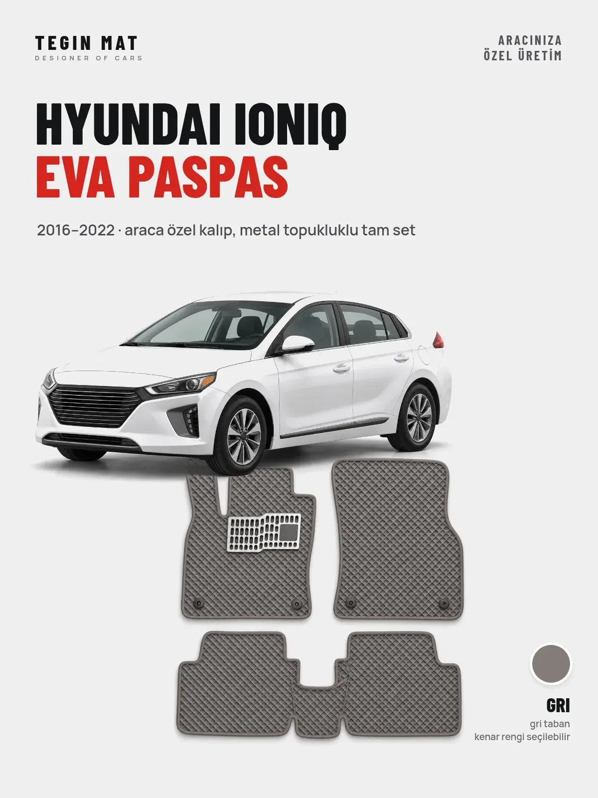 Hyundai Ioniq EVA Oto Paspas Tam Set (2016–2022) Gri – Araca Özel Kalıp (1)