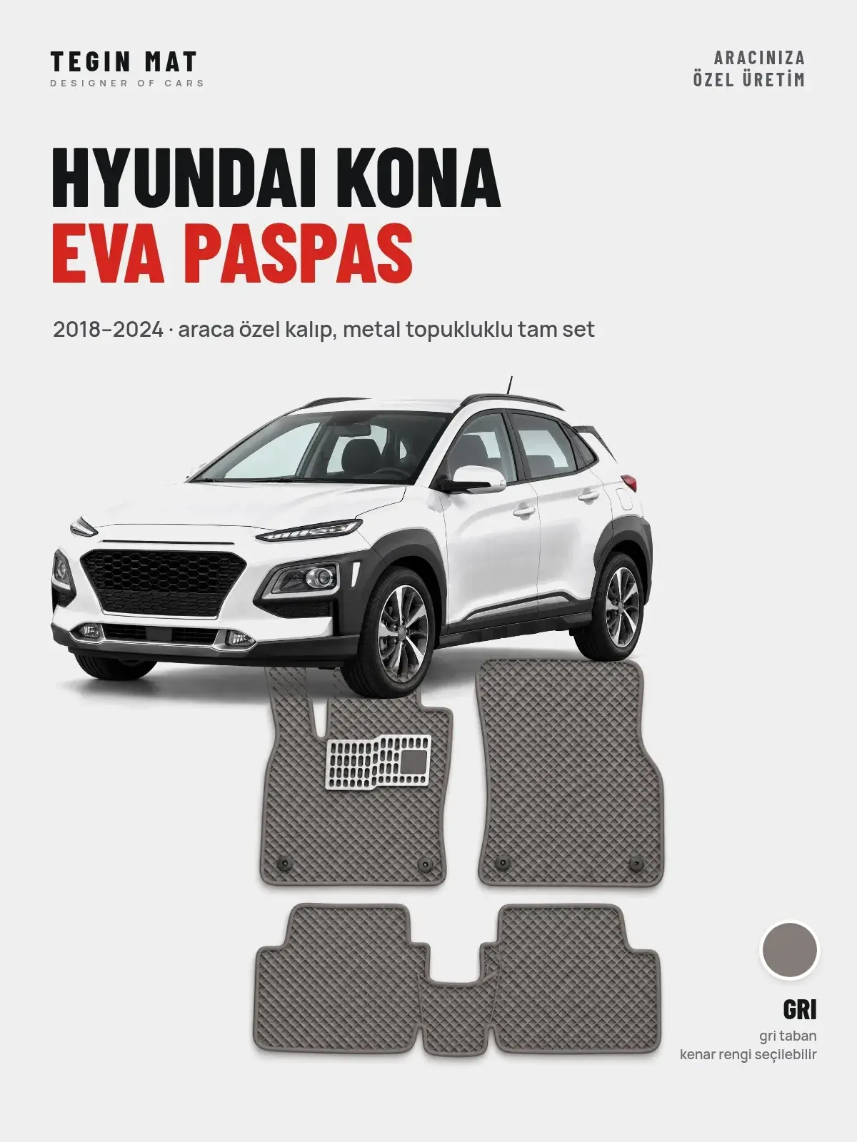 Hyundai Kona EVA Oto Paspas Tam Set (2018–2024) Gri – Araca Özel Kalıp (1)