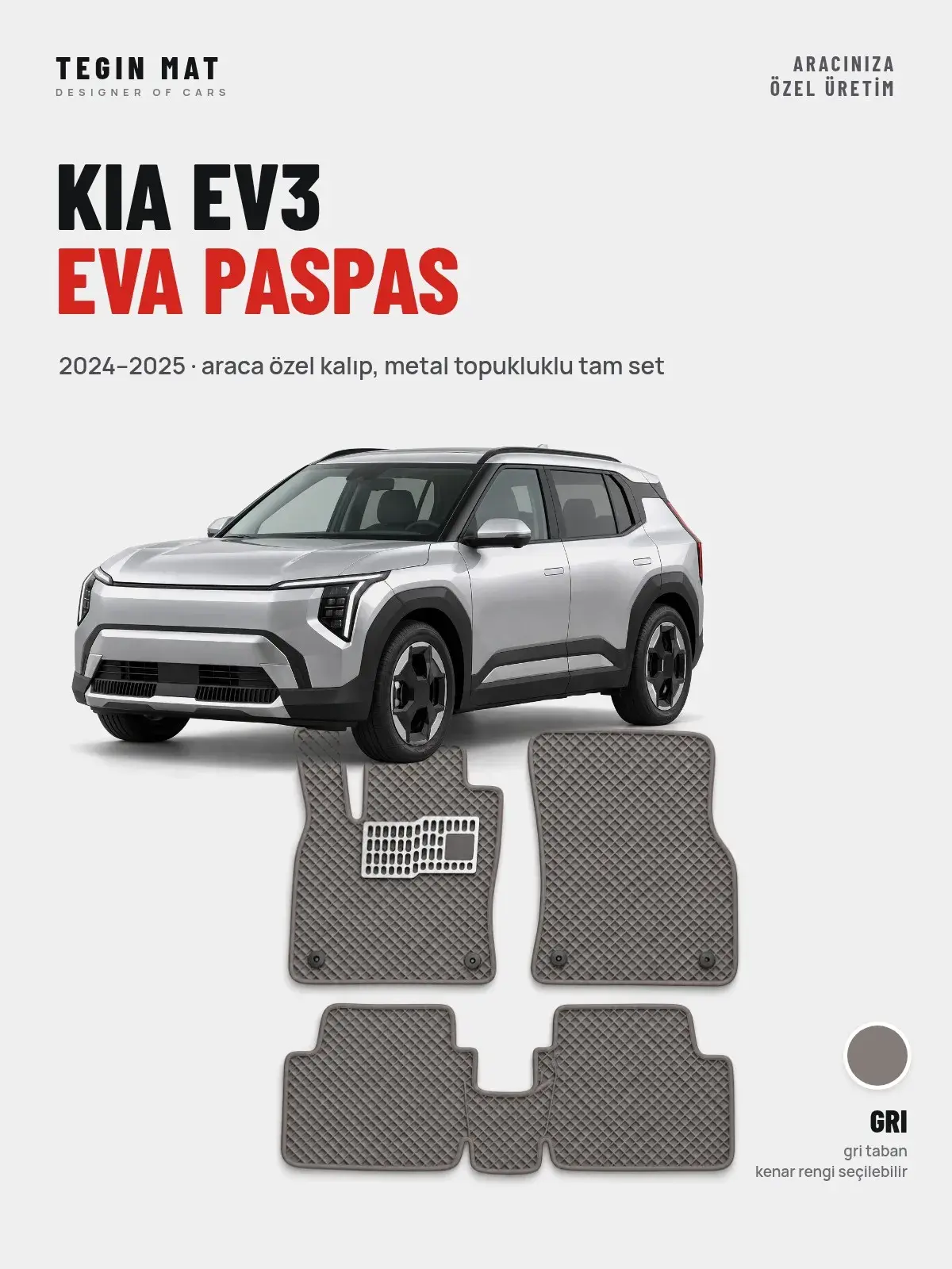 Kia EV3 EVA Oto Paspas Tam Set (2024–2025) Gri – Araca Özel Kalıp (1)