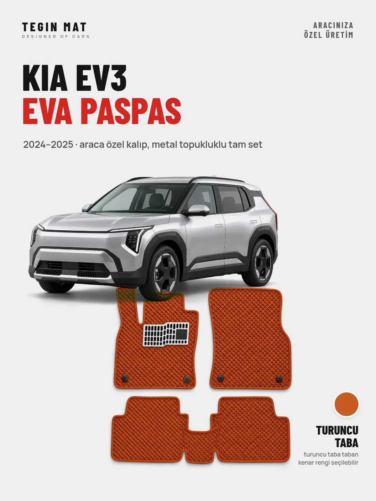 Kia EV3 EVA Oto Paspas Tam Set (2024–2025) Turuncu Taba – Araca Özel Kalıp (1)